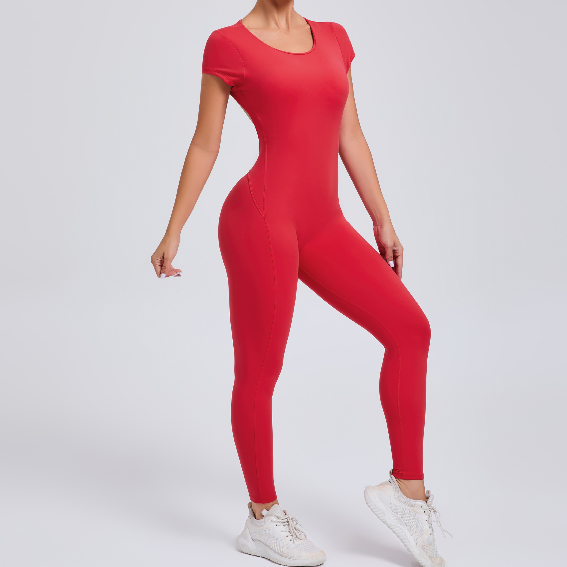 Sexy Backless Short-Sleeved High-Intensity Fitness Jumpsuit   QS89071