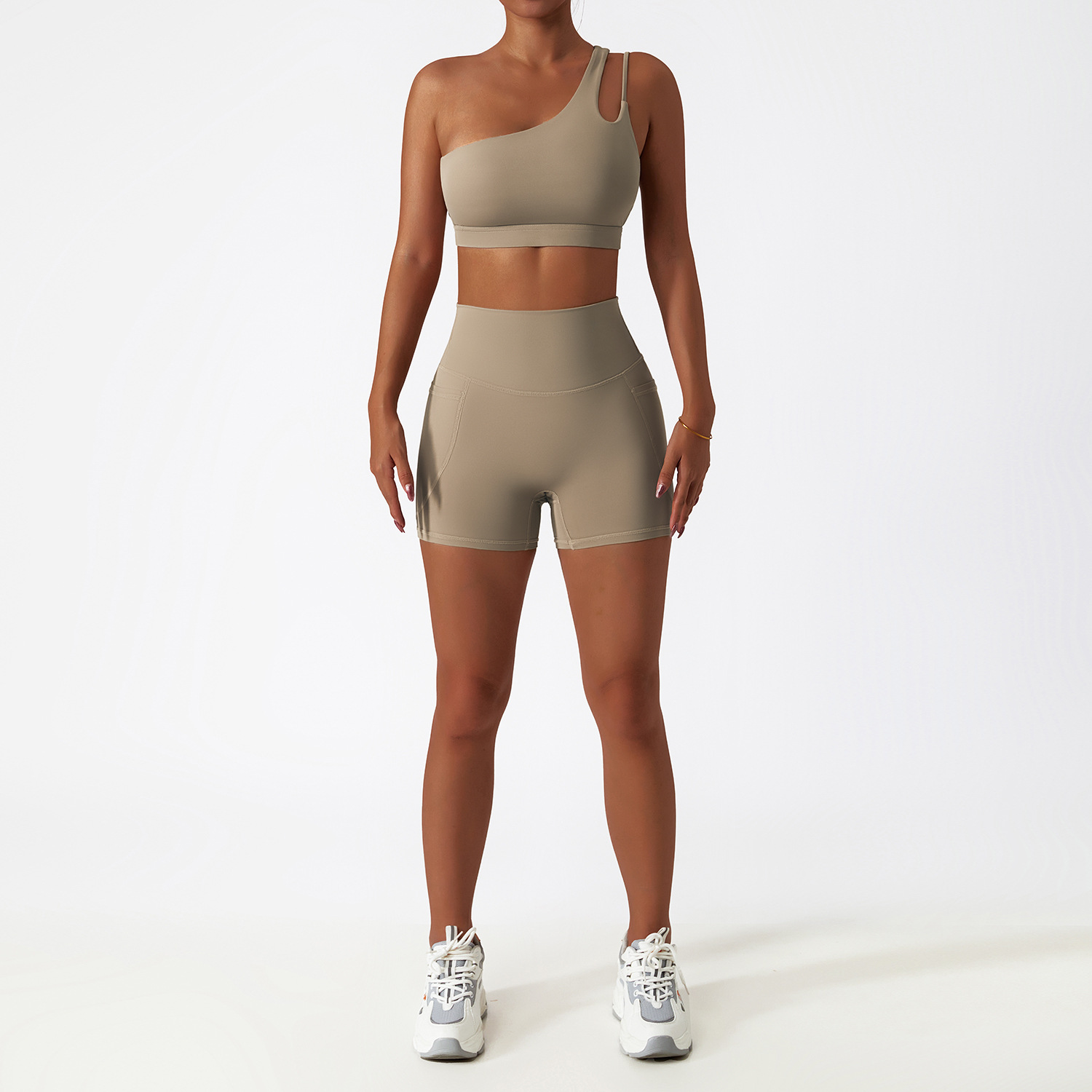Wide Hem & One Shoulder Soft Material Yoga Shorts Sets 6425
