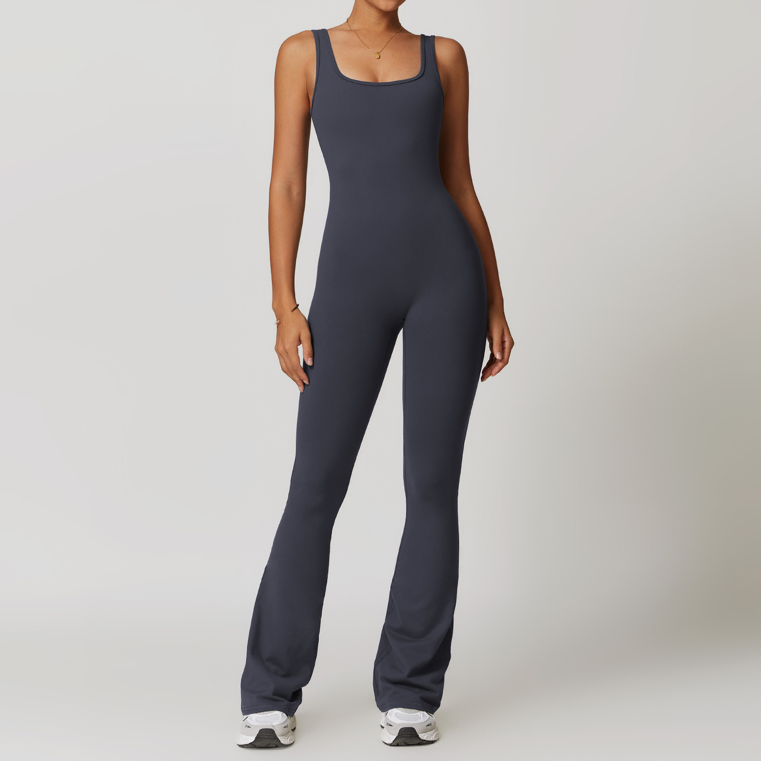 Square Collar Soft Fabric Flare Jumpsuit 8664