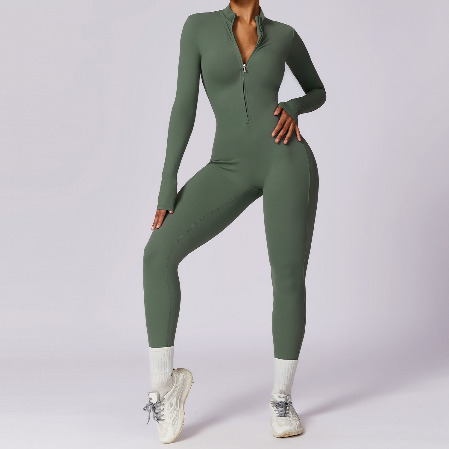 Soft Fabric Zip Down Long Sleeve Jumpsuit 8306