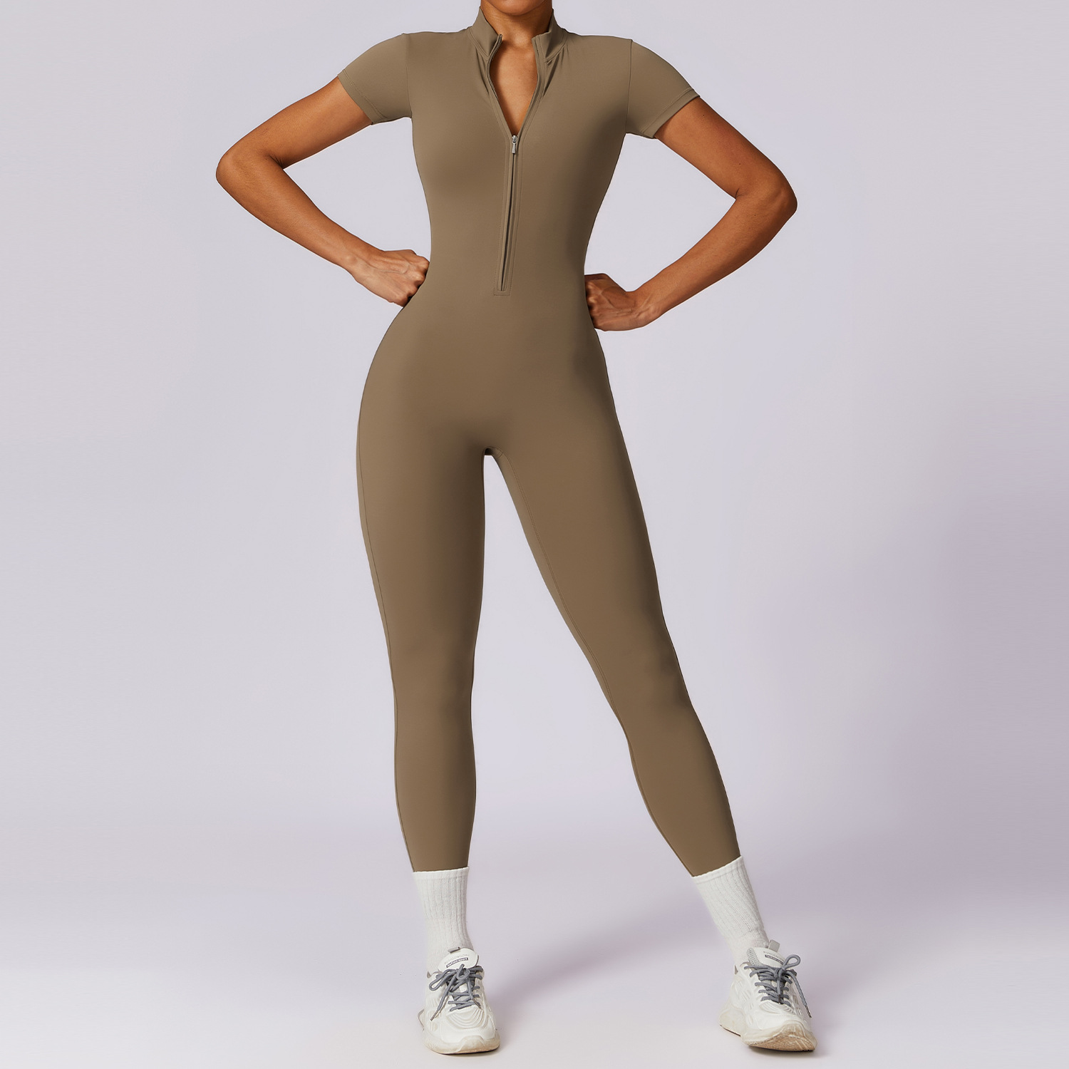 Soft Fabric Zip Down Short Sleeve Jumpsuit 8305