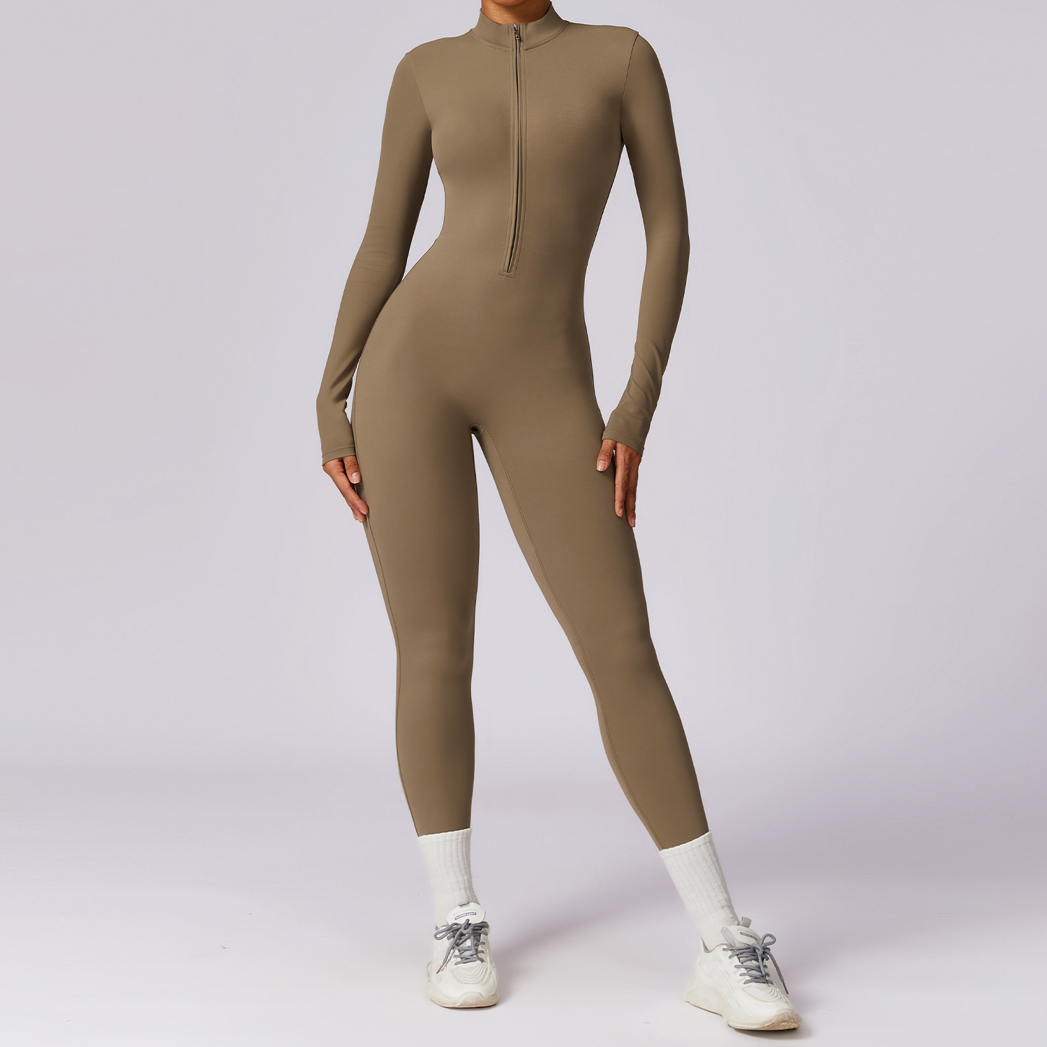 Soft Fabric Zip Down Long Sleeve Jumpsuit 8306