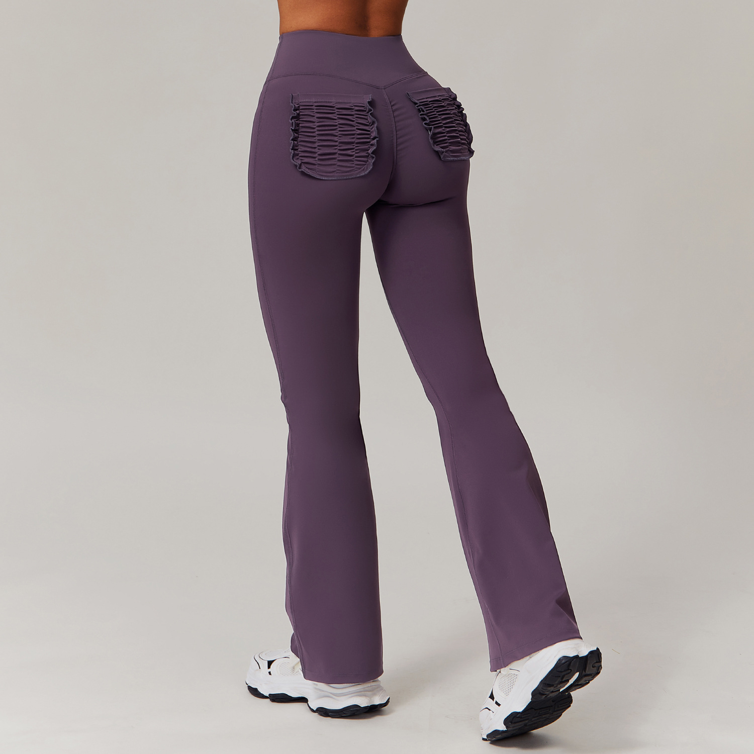 Soft Fabric Flare Yoga Leggings With Pleated Pockets 9139