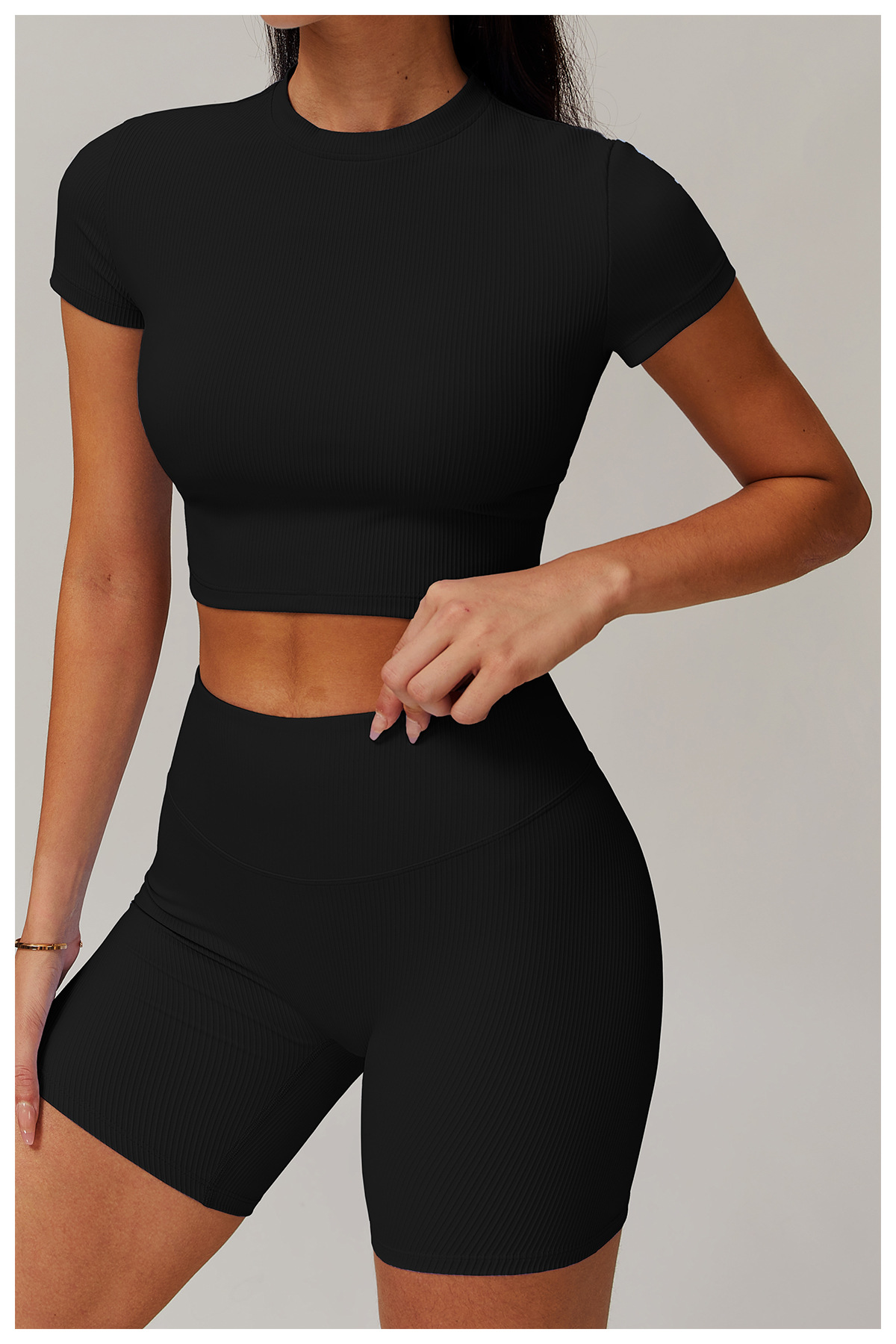 Long & Short Sleeves Ribbed Yoga Shorts Sets 3 Options 9018