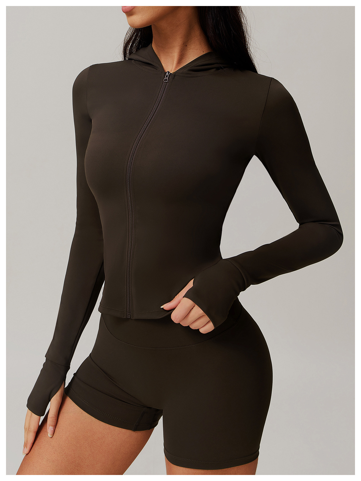Soft Fabric Zip Down Slim Hooded Yoga Top 9142