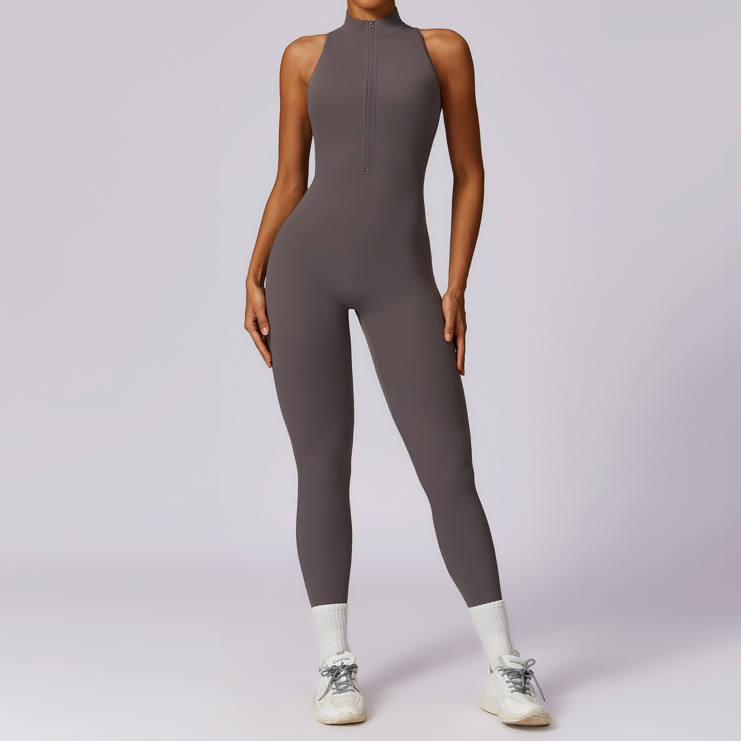 Zip Down Soft Fabric Blackless Jumpsuit 8534