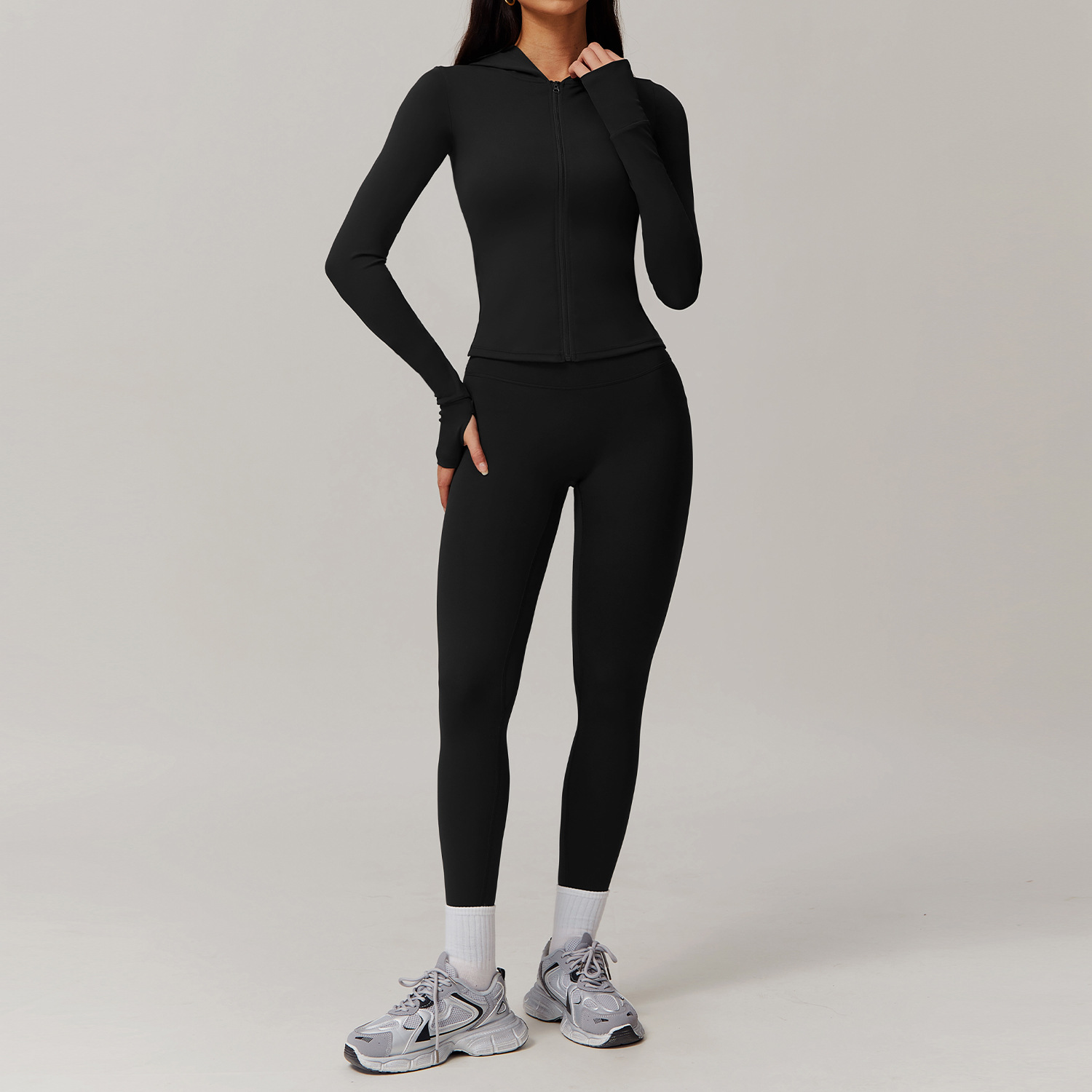 Soft Fabric Two Pieces Slim Hooded Yoga Set 9142