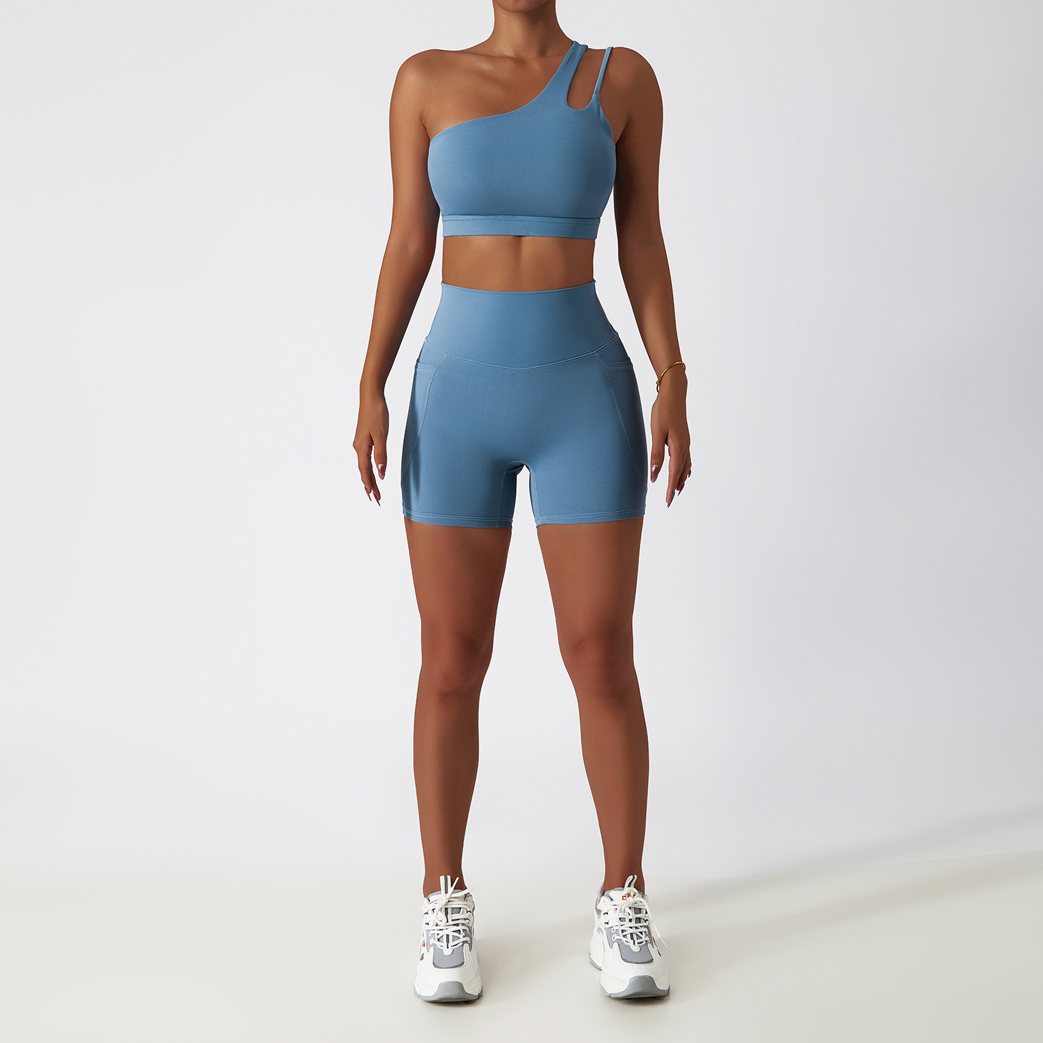 Wide Hem & One Shoulder Soft Material Yoga Shorts Sets 6425