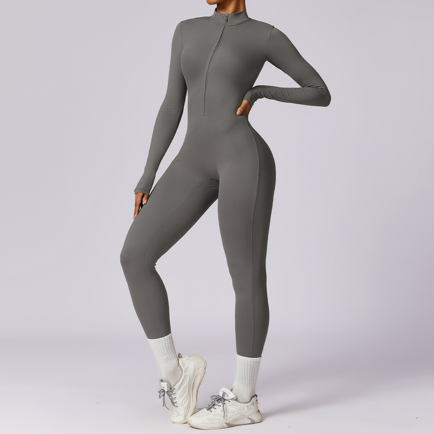 Soft Fabric Zip Down Long Sleeve Jumpsuit 8306