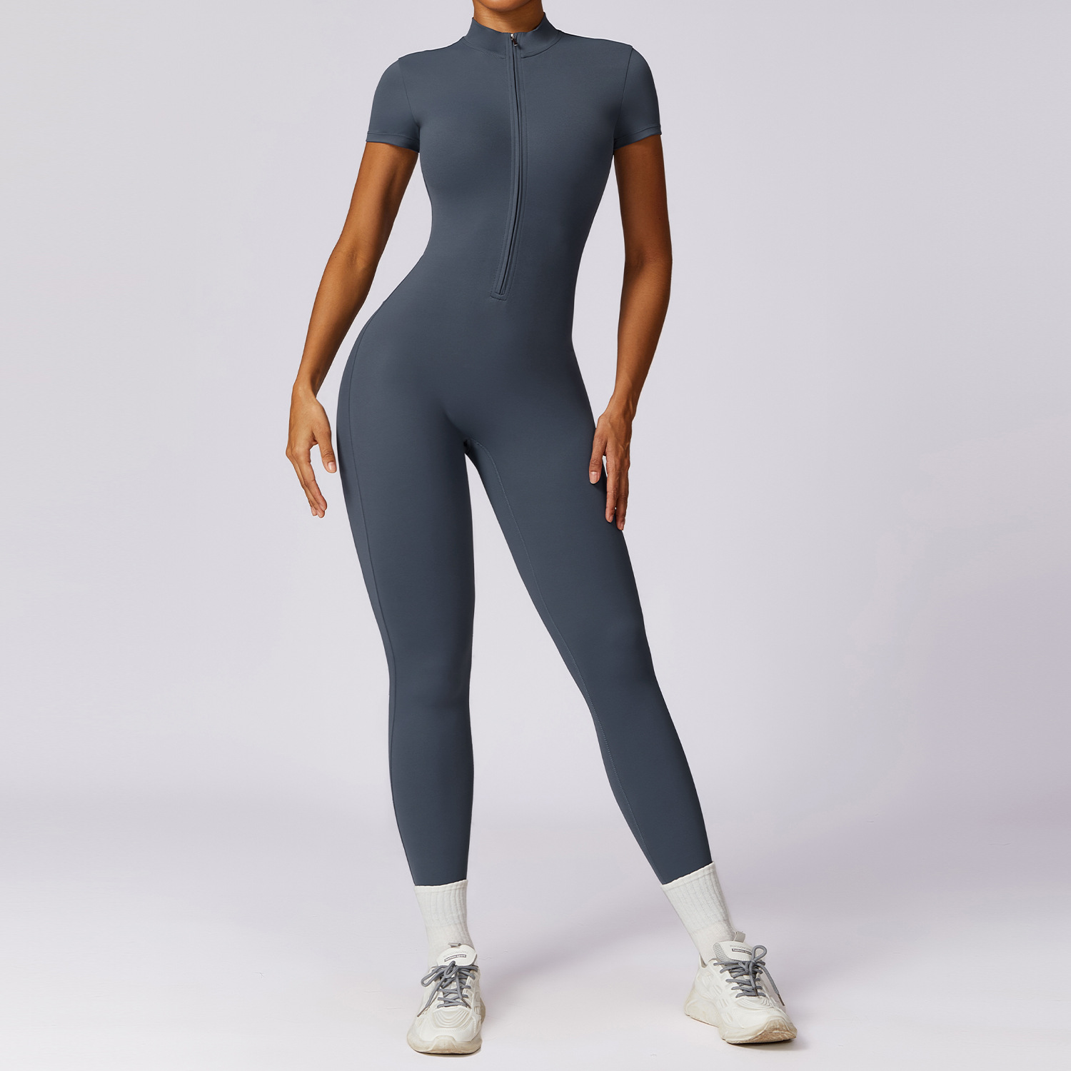 Soft Fabric Zip Down Short Sleeve Jumpsuit 8305