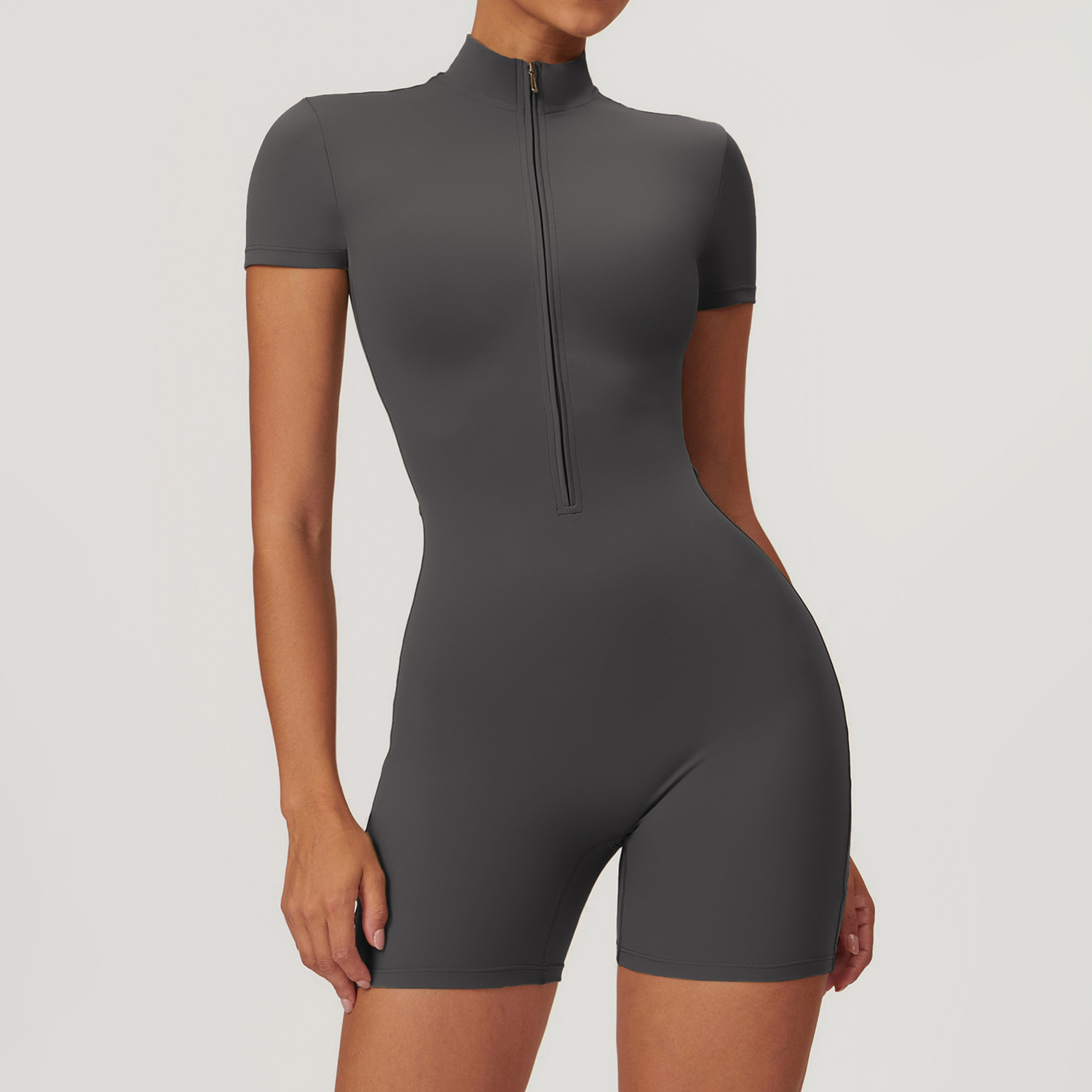 Soft Fabric Zip Down Short Sleeve Romper 8294