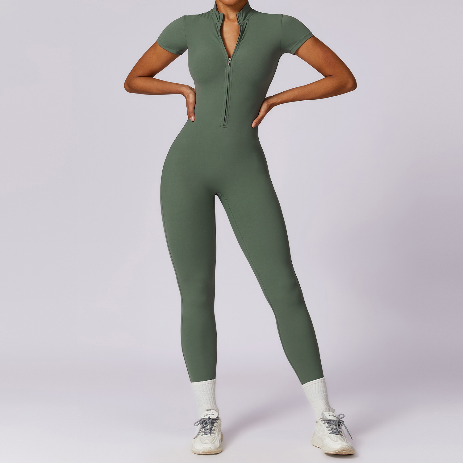 Soft Fabric Zip Down Short Sleeve Jumpsuit 8305