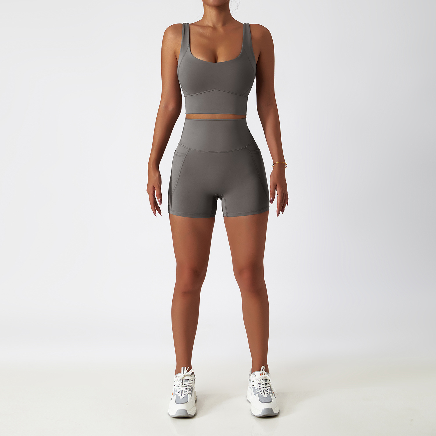 Wide Hem & One Shoulder Soft Material Yoga Shorts Sets 6425