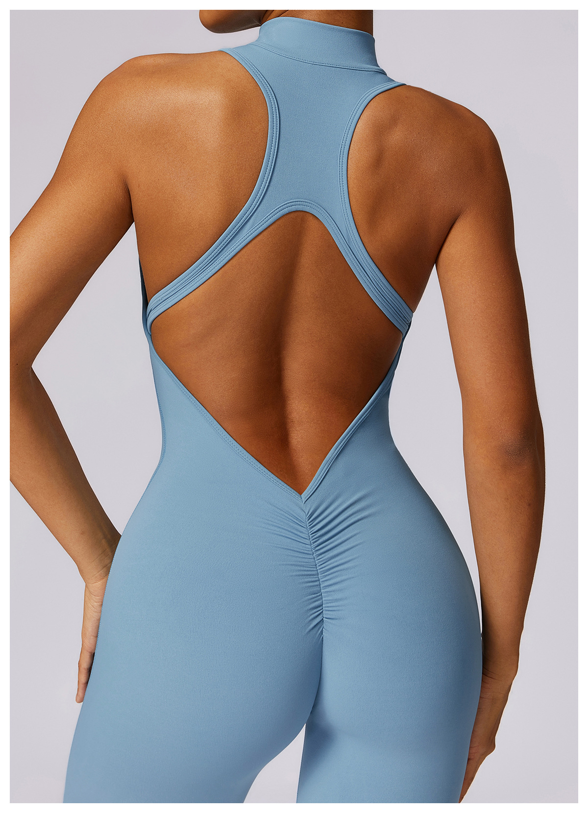 Zip Down Soft Fabric Blackless Jumpsuit 8534