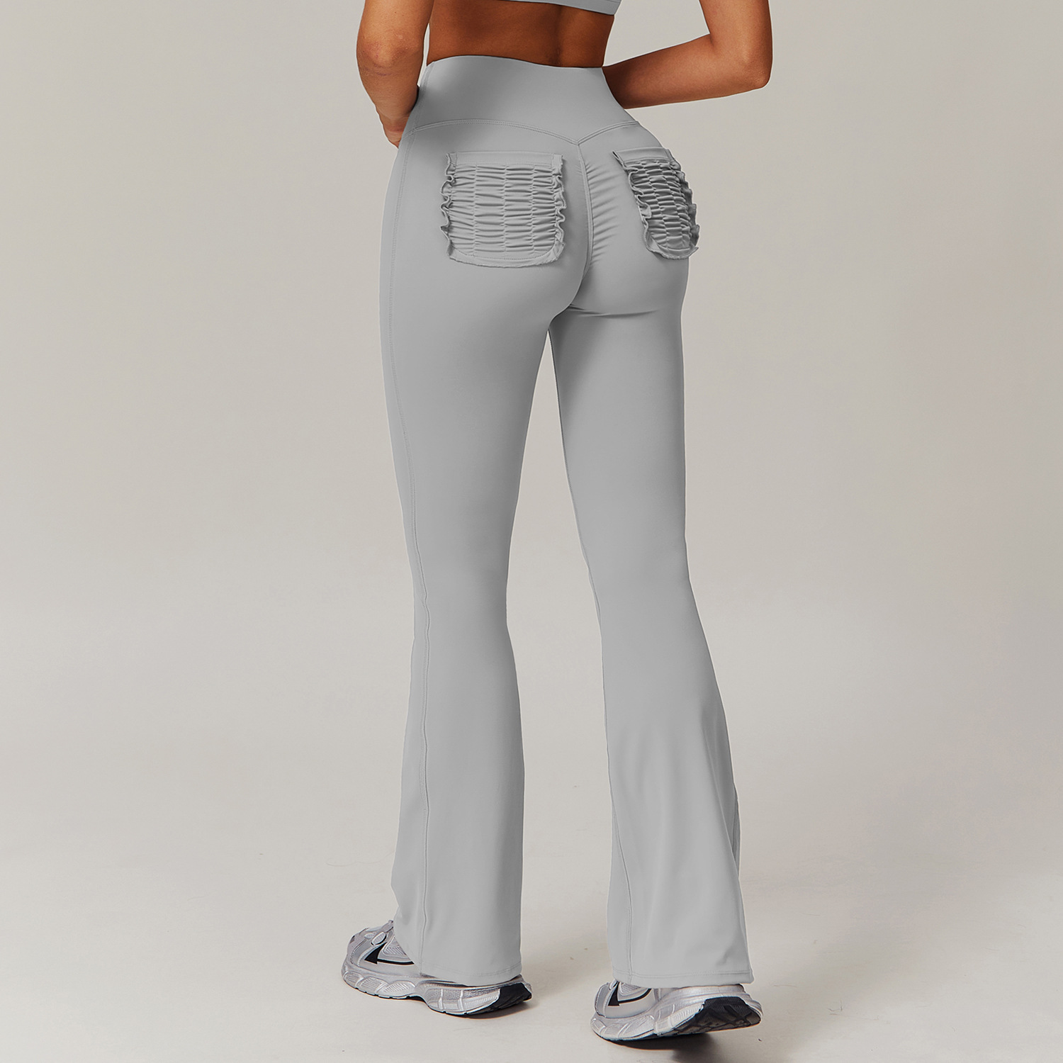 Soft Fabric Flare Yoga Leggings With Pleated Pockets 9139