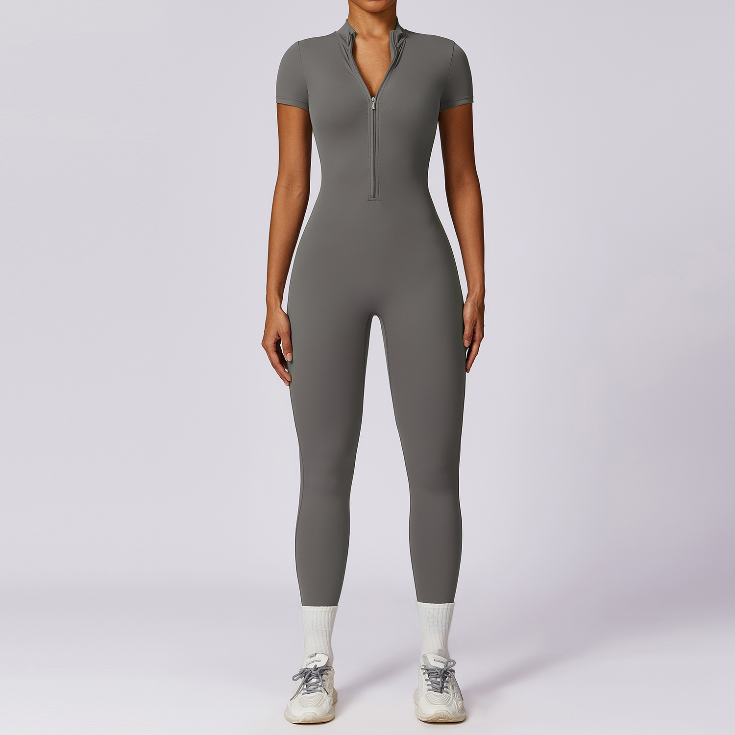 Soft Fabric Zip Down Short Sleeve Jumpsuit 8305