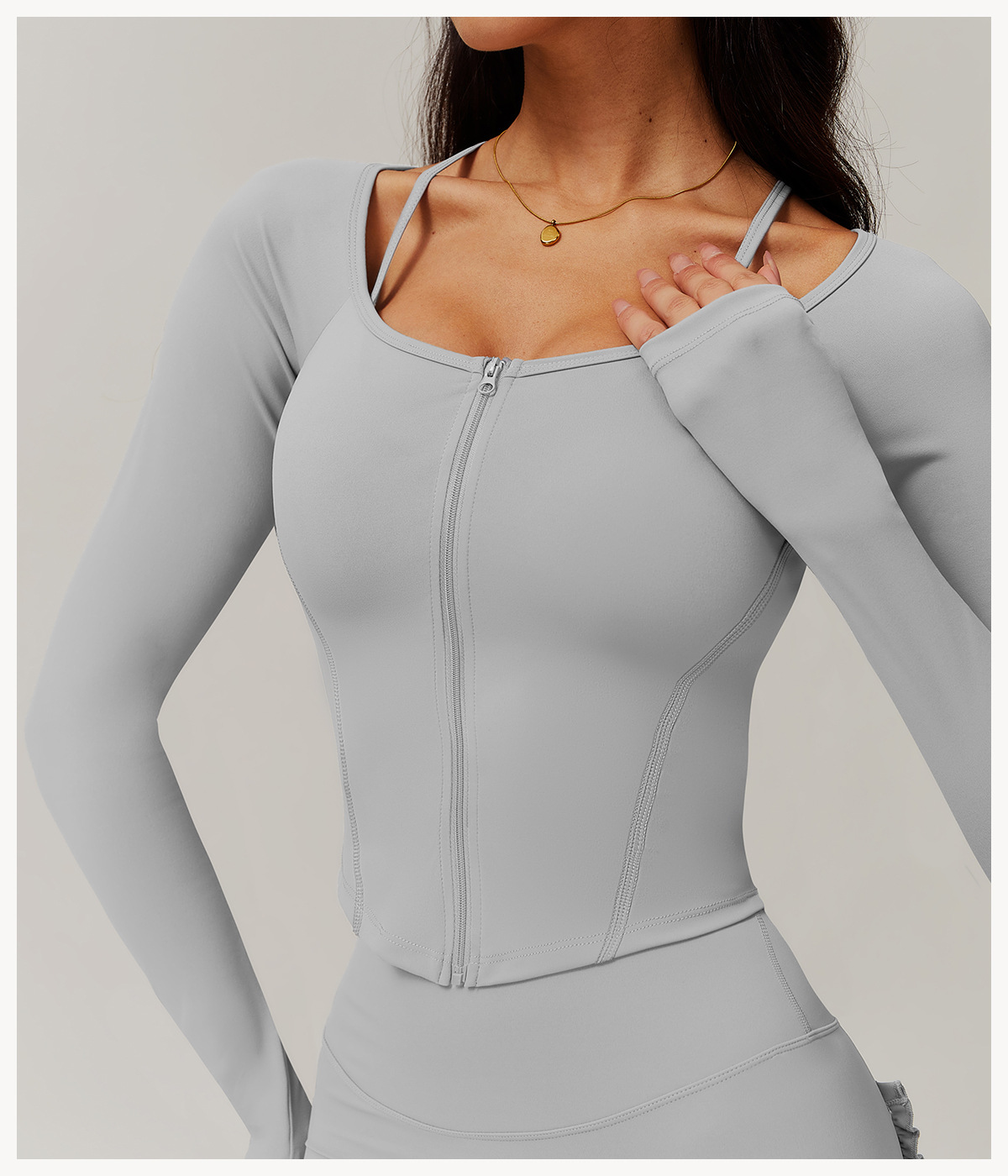 Soft Fabric Zip Down Curved Hem Yoga Top 9139