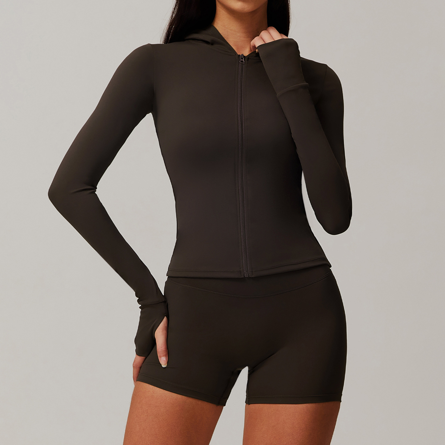 Soft Fabric Zip Down Slim Hooded Yoga Top 9142