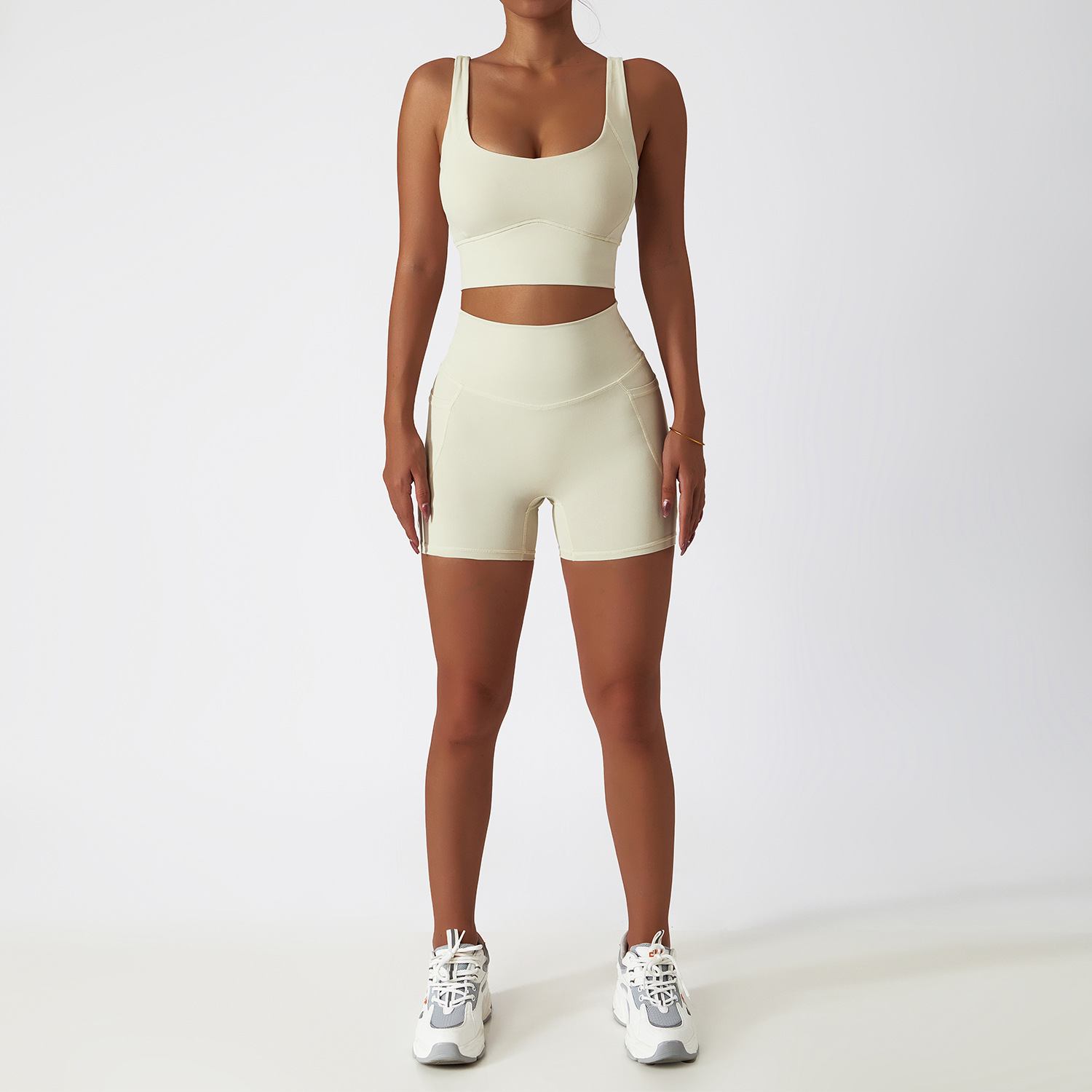 Wide Hem & One Shoulder Soft Material Yoga Shorts Sets 6425