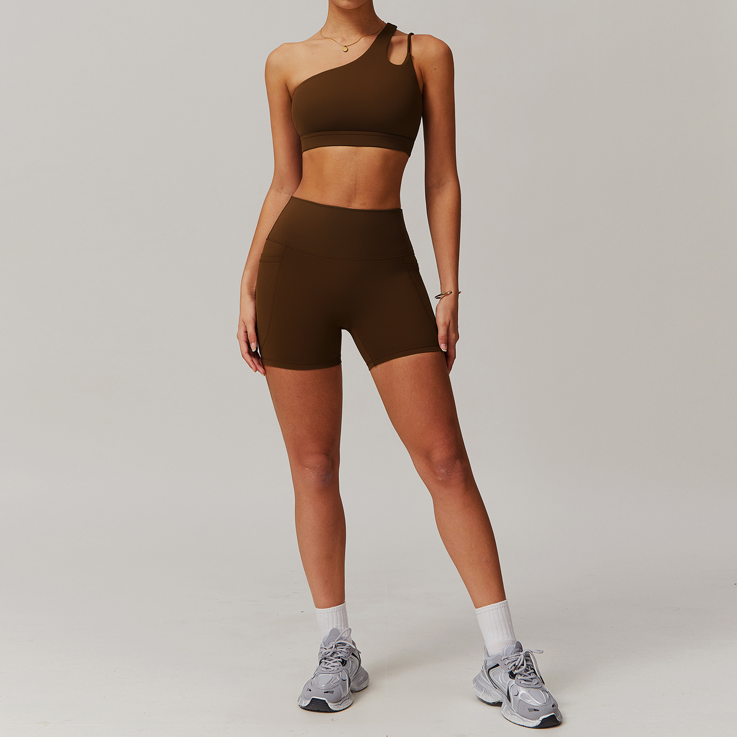 Wide Hem & One Shoulder Soft Material Yoga Shorts Sets 6425