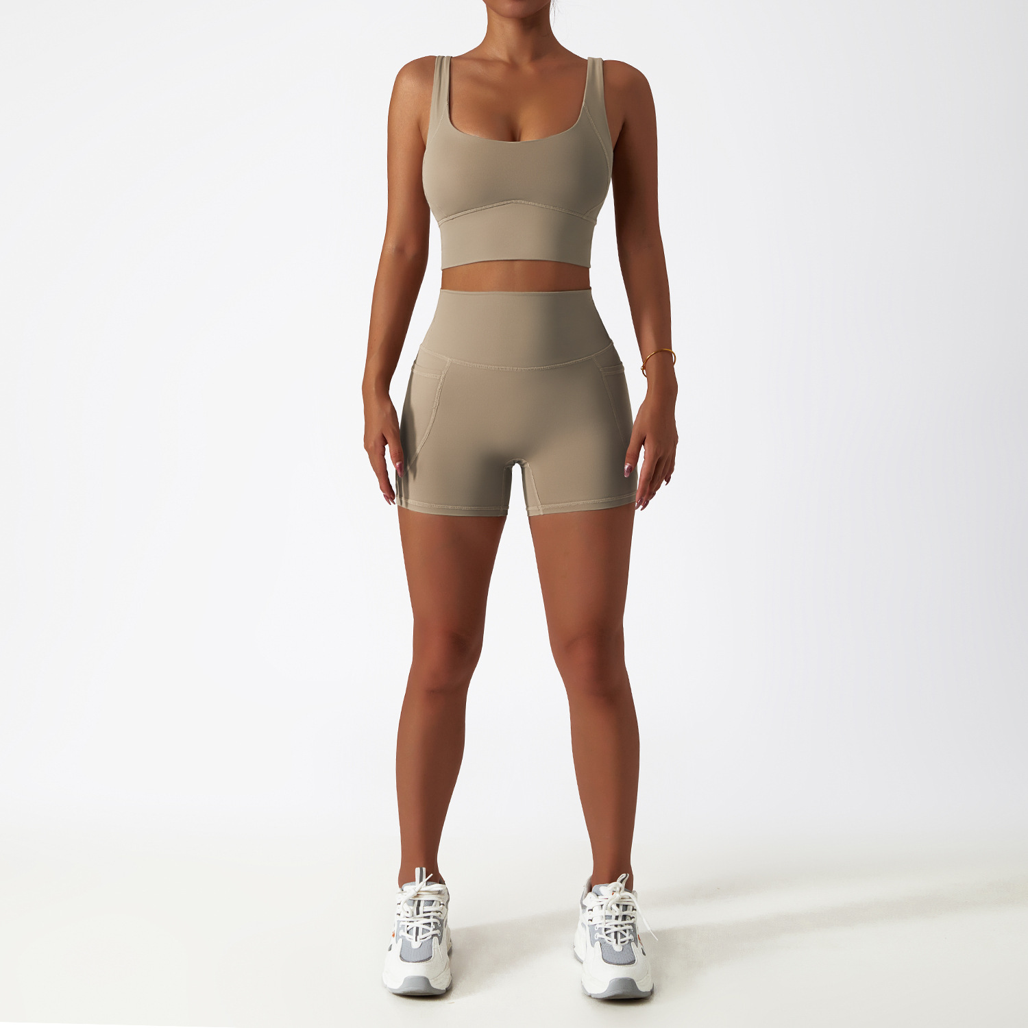 Wide Hem & One Shoulder Soft Material Yoga Shorts Sets 6425