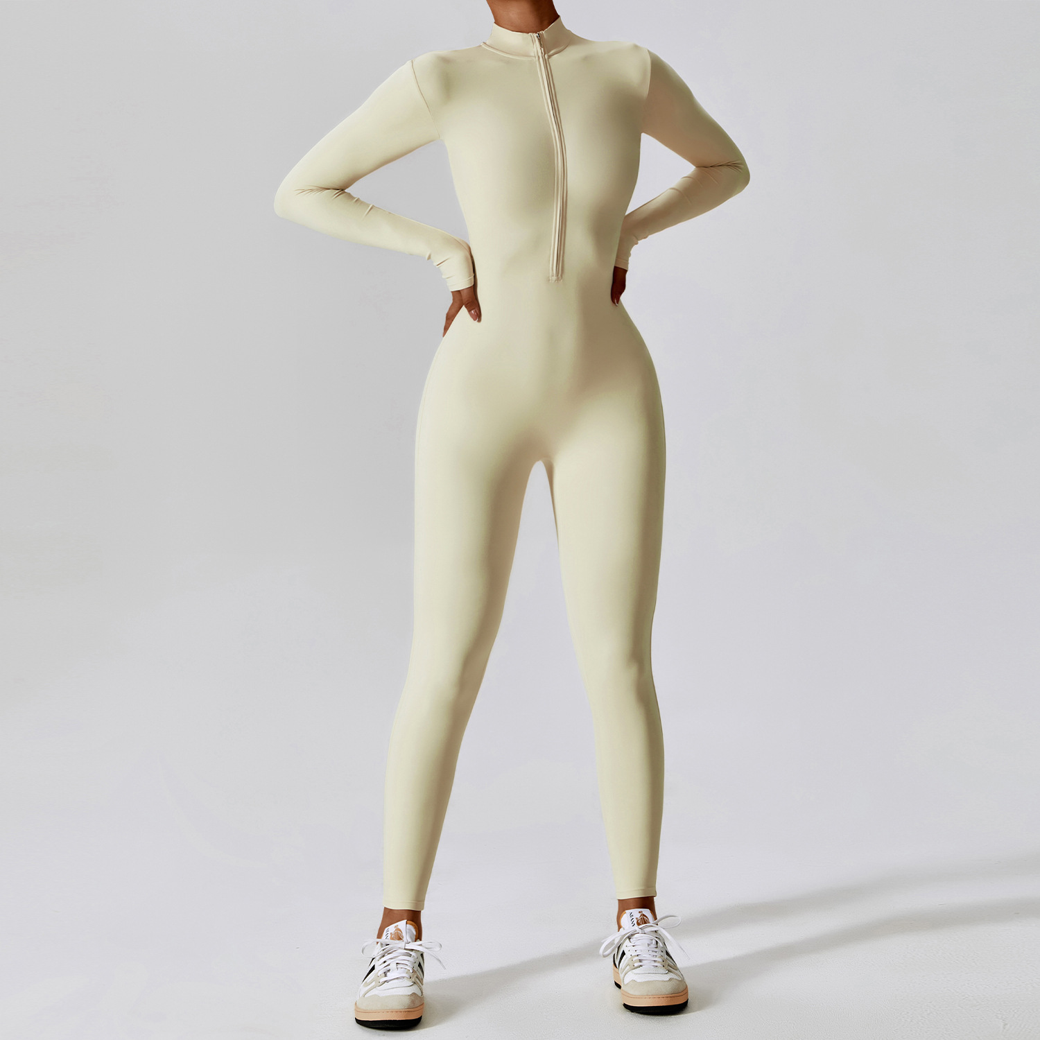 Soft Fabric Zip Down Long Sleeve Jumpsuit 8306