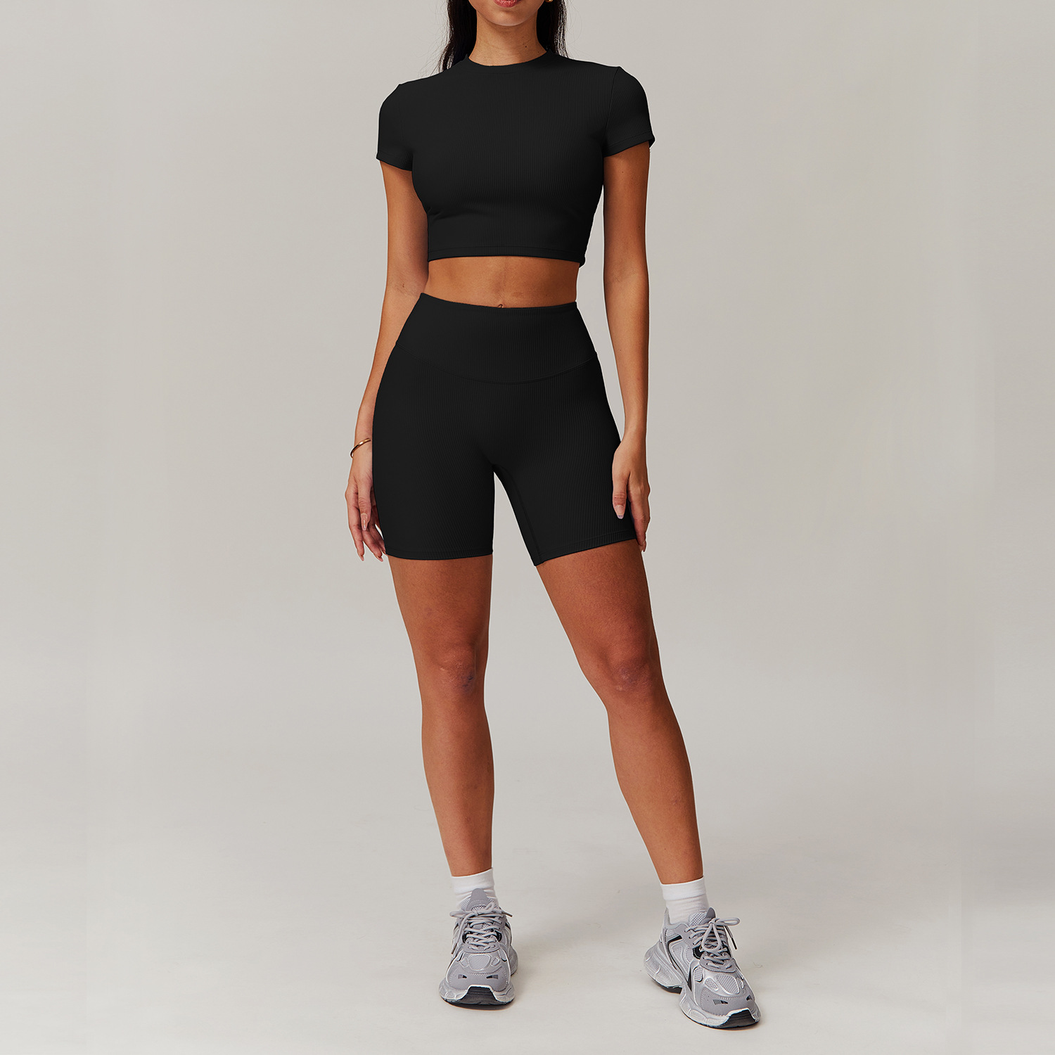 Long & Short Sleeves Ribbed Yoga Shorts Sets 3 Options 9018