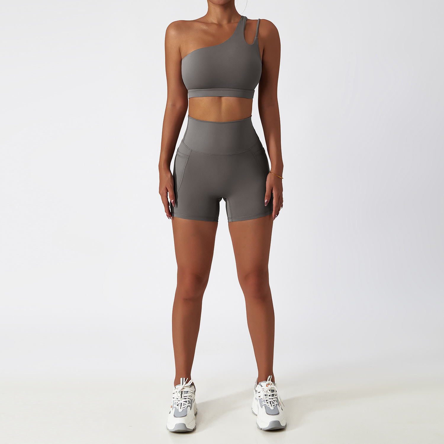 Wide Hem & One Shoulder Soft Material Yoga Shorts Sets 6425