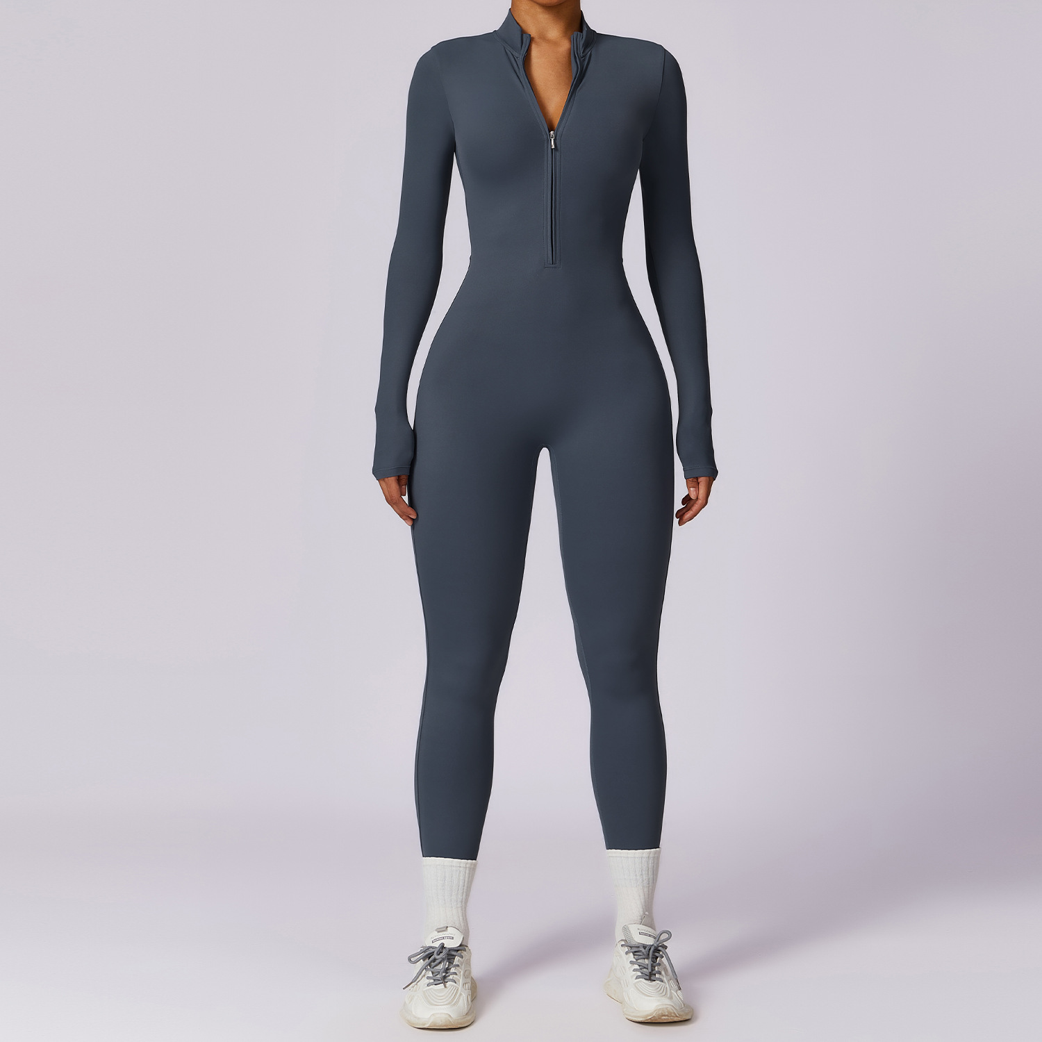 Soft Fabric Zip Down Long Sleeve Jumpsuit 8306