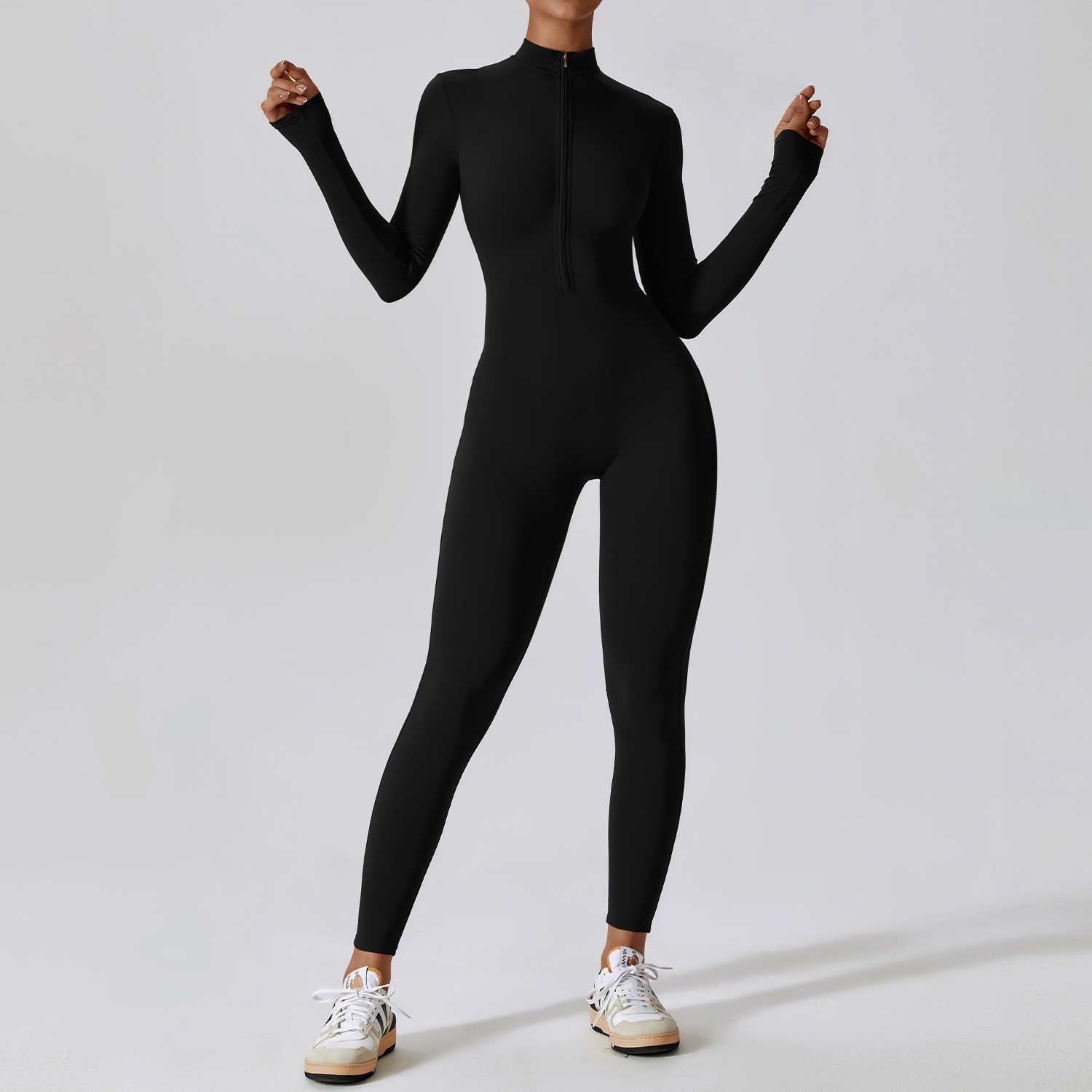 Soft Fabric Zip Down Long Sleeve Jumpsuit 8306