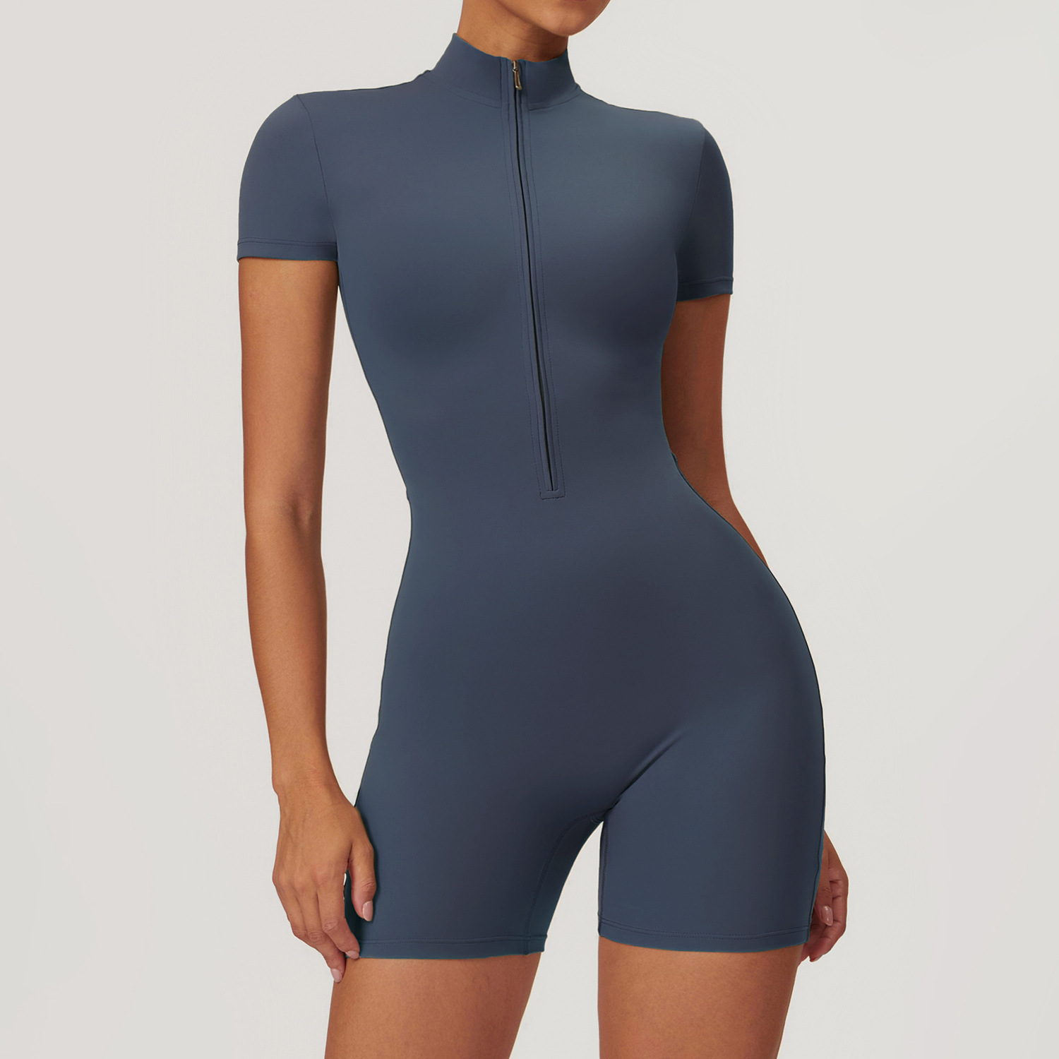 Soft Fabric Zip Down Short Sleeve Romper 8294