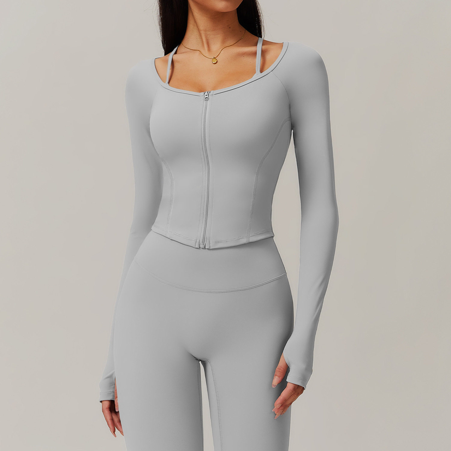 Soft Fabric Zip Down Curved Hem Yoga Top 9139