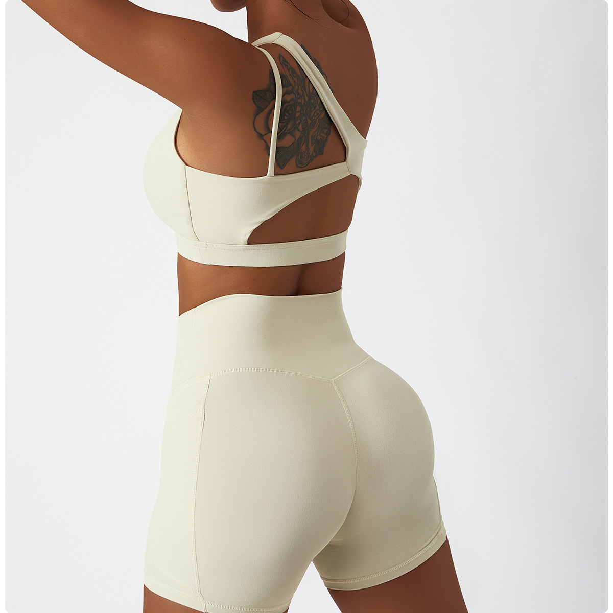 Wide Hem & One Shoulder Soft Material Yoga Shorts Sets 6425