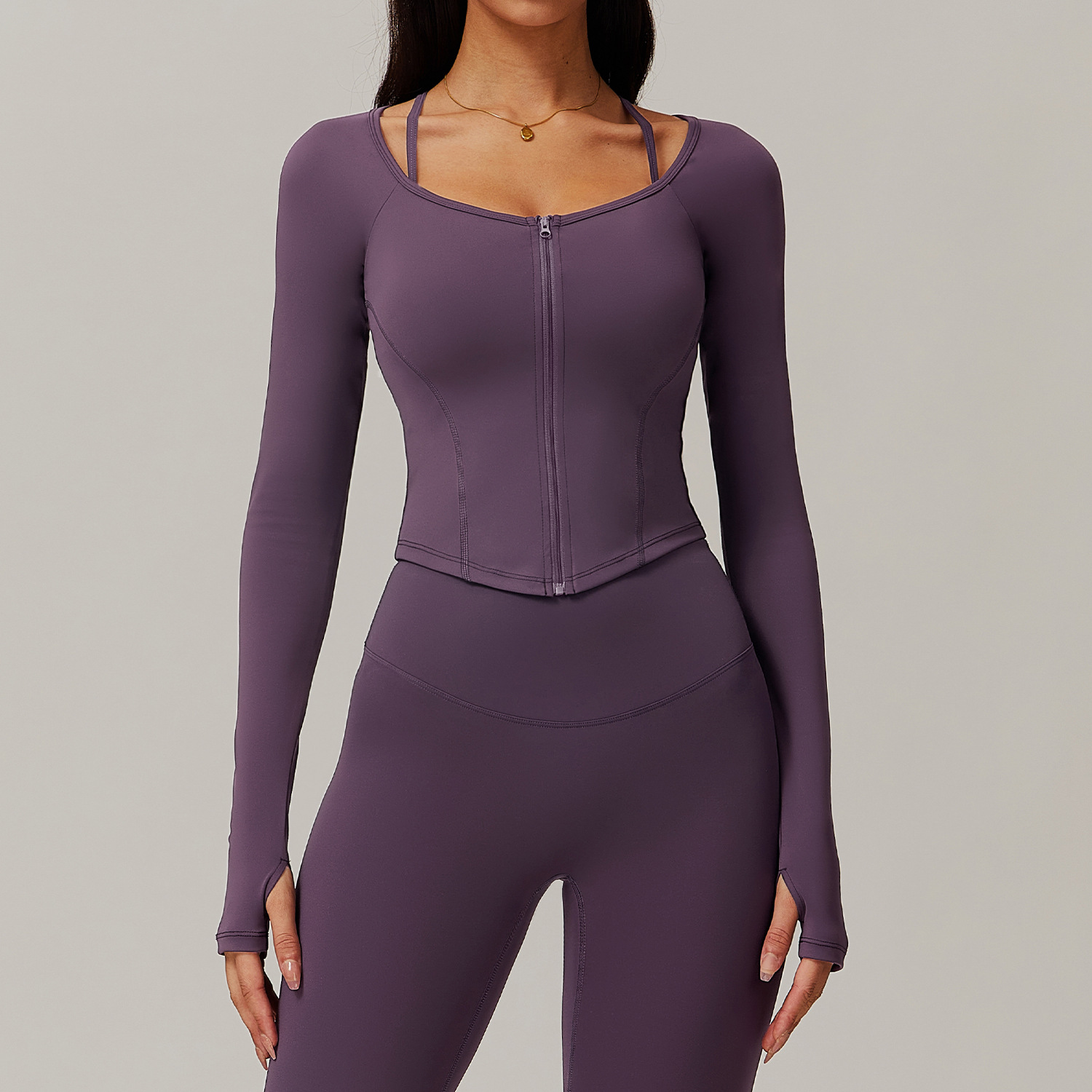 Soft Fabric Zip Down Curved Hem Yoga Top 9139