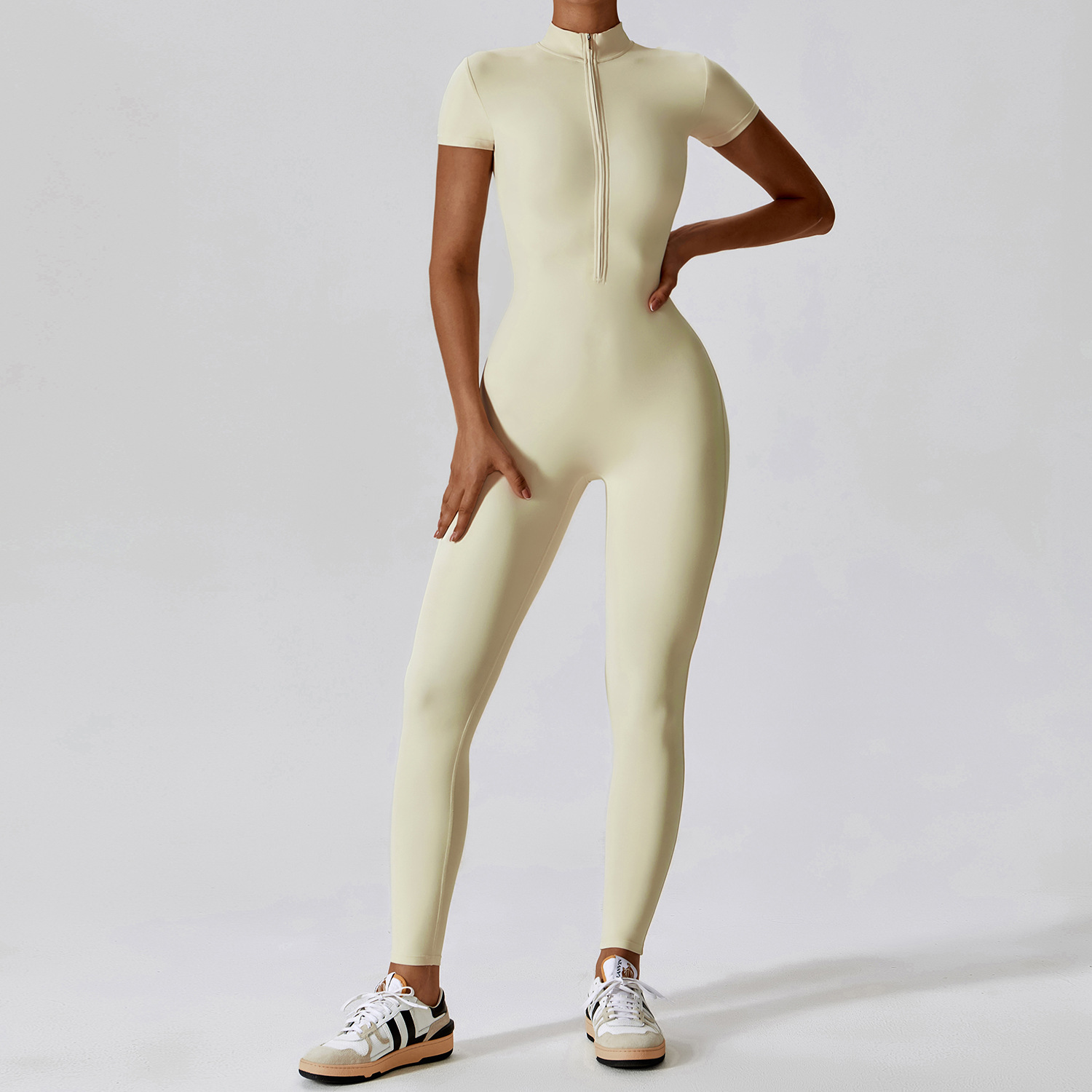 Soft Fabric Zip Down Short Sleeve Jumpsuit 8305