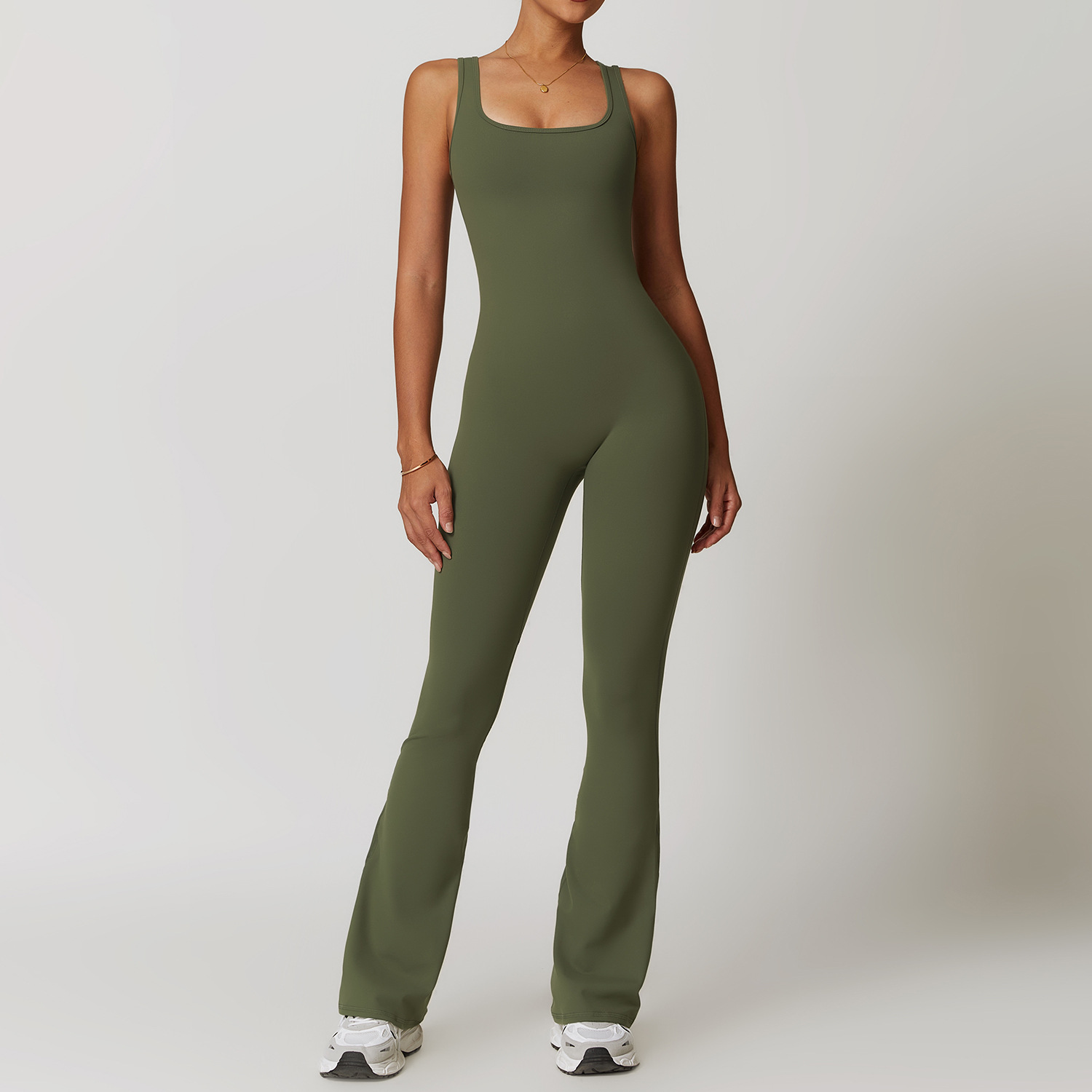 Square Collar Soft Fabric Flare Jumpsuit 8664