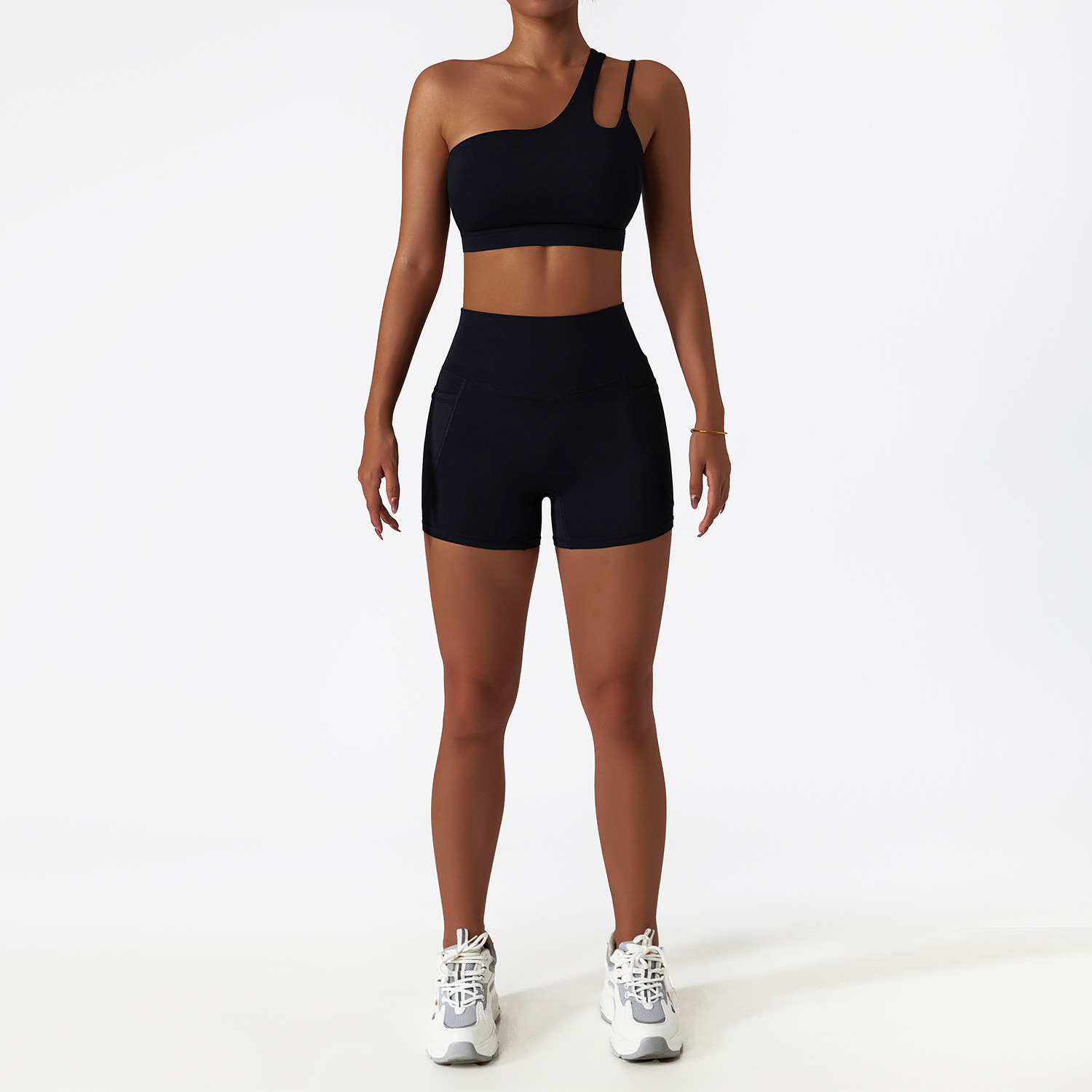 Wide Hem & One Shoulder Soft Material Yoga Shorts Sets 6425