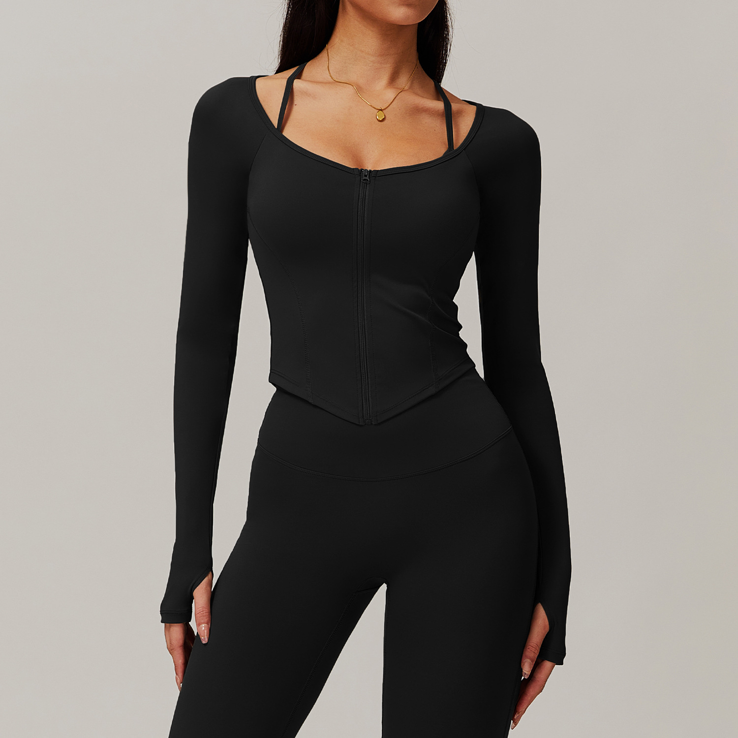 Soft Fabric Zip Down Curved Hem Yoga Top 9139