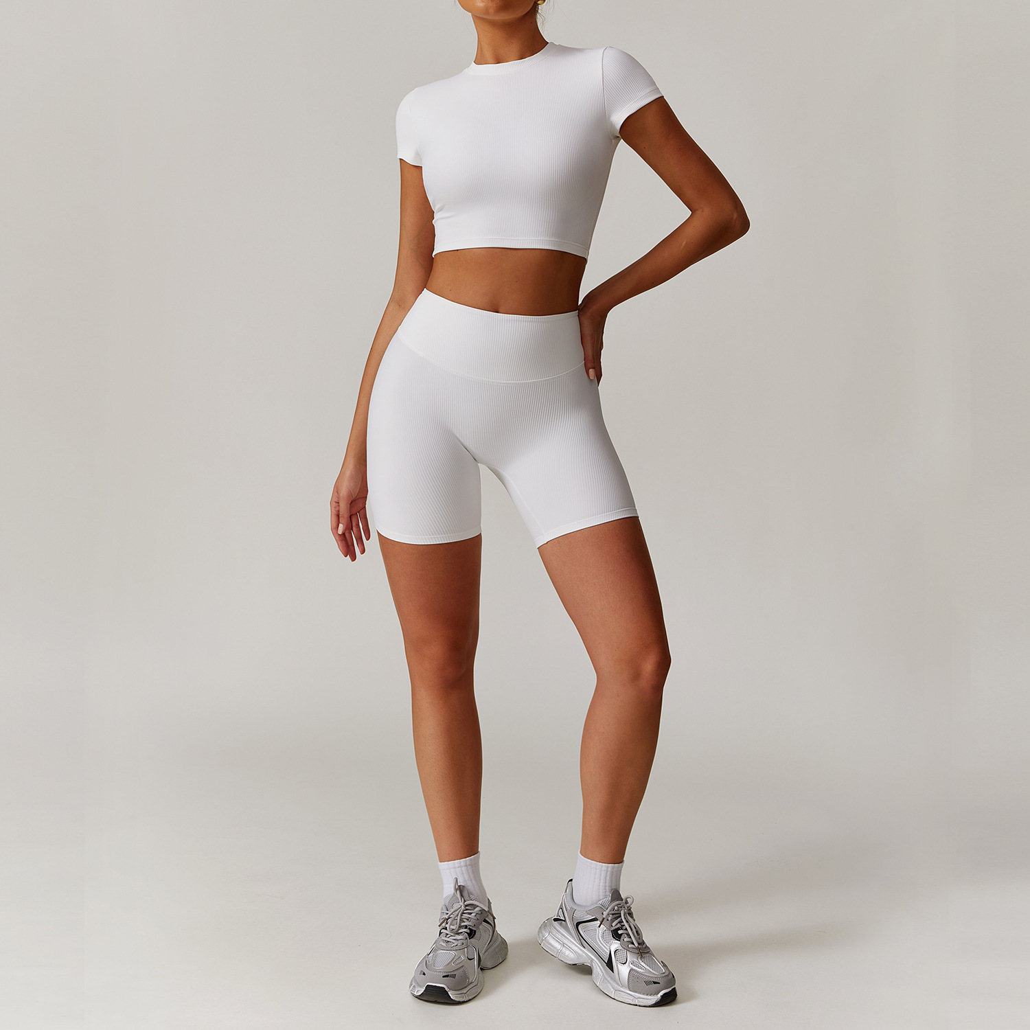 Long & Short Sleeves Ribbed Yoga Shorts Sets 3 Options 9018