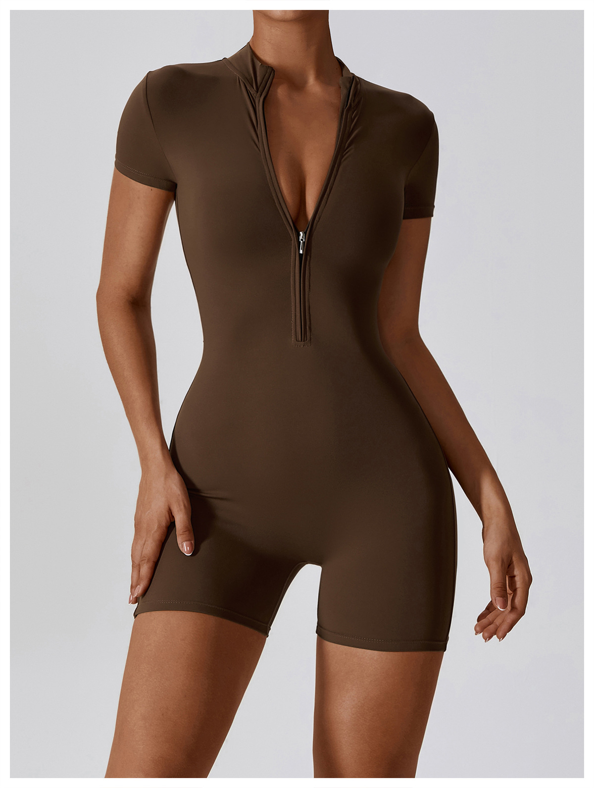 Soft Fabric Zip Down Short Sleeve Romper 8294