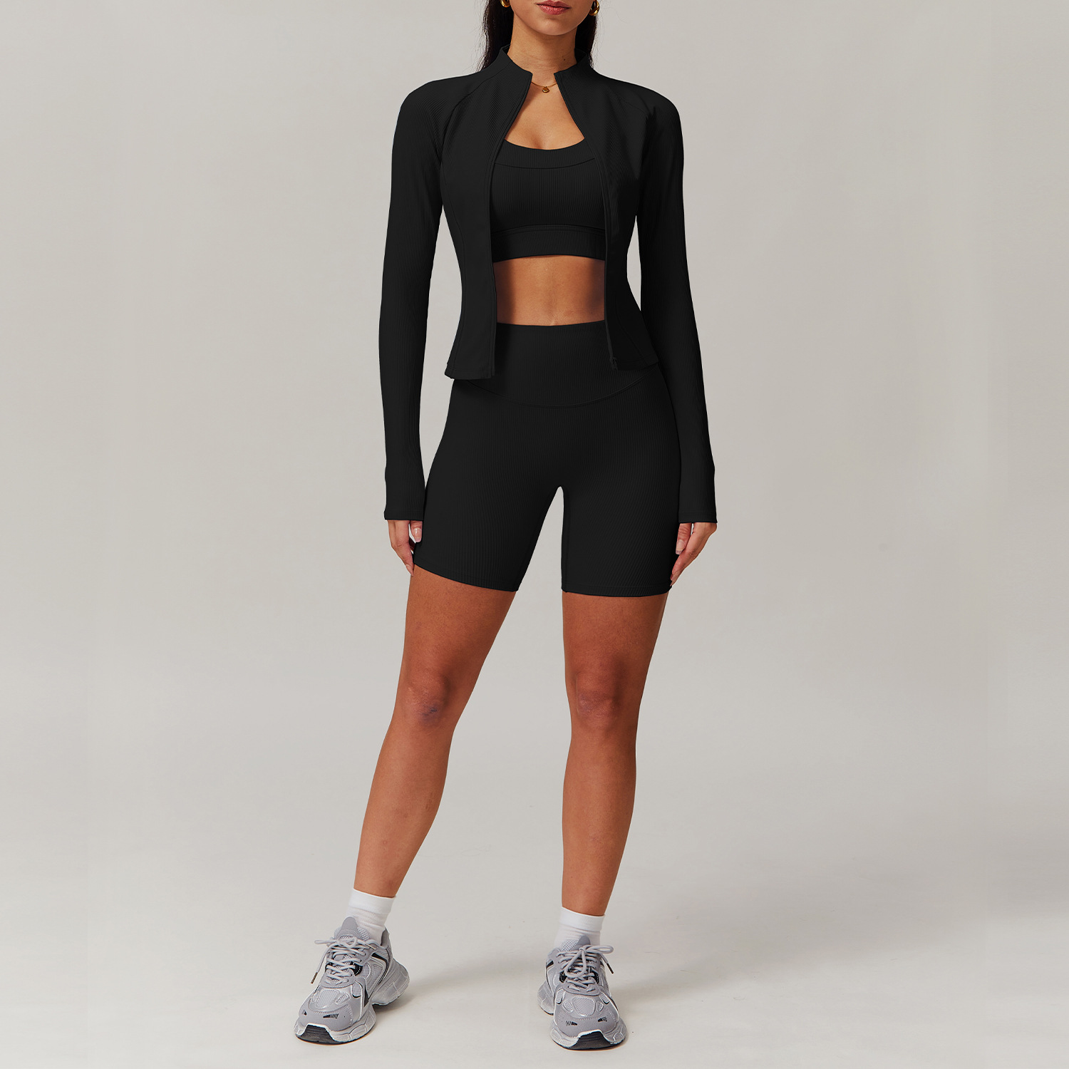 Long & Short Sleeves Ribbed Yoga Shorts Sets 3 Options 9018
