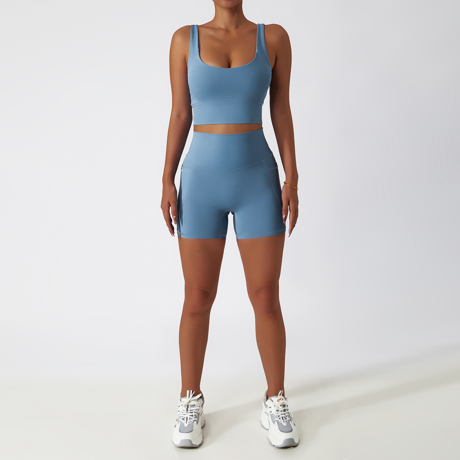 Wide Hem & One Shoulder Soft Material Yoga Shorts Sets 6425