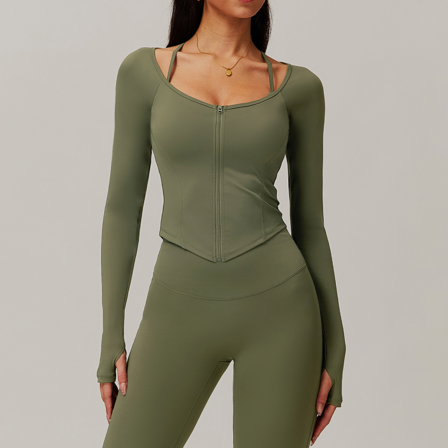 Soft Fabric Zip Down Curved Hem Yoga Top 9139