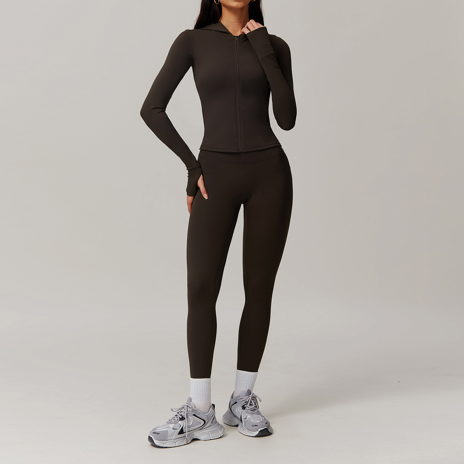 Soft Fabric Two Pieces Slim Hooded Yoga Set 9142