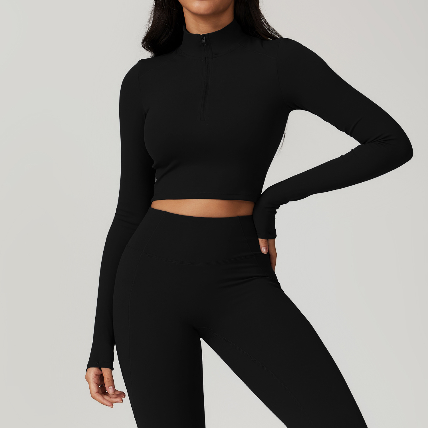Soft Fabric Half Zip Yoga Top With Thumb Hole 8796