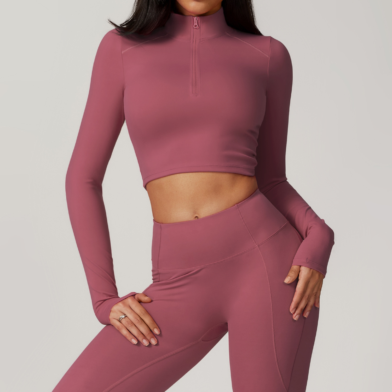 Soft Fabric Half Zip Yoga Top With Thumb Hole 8796