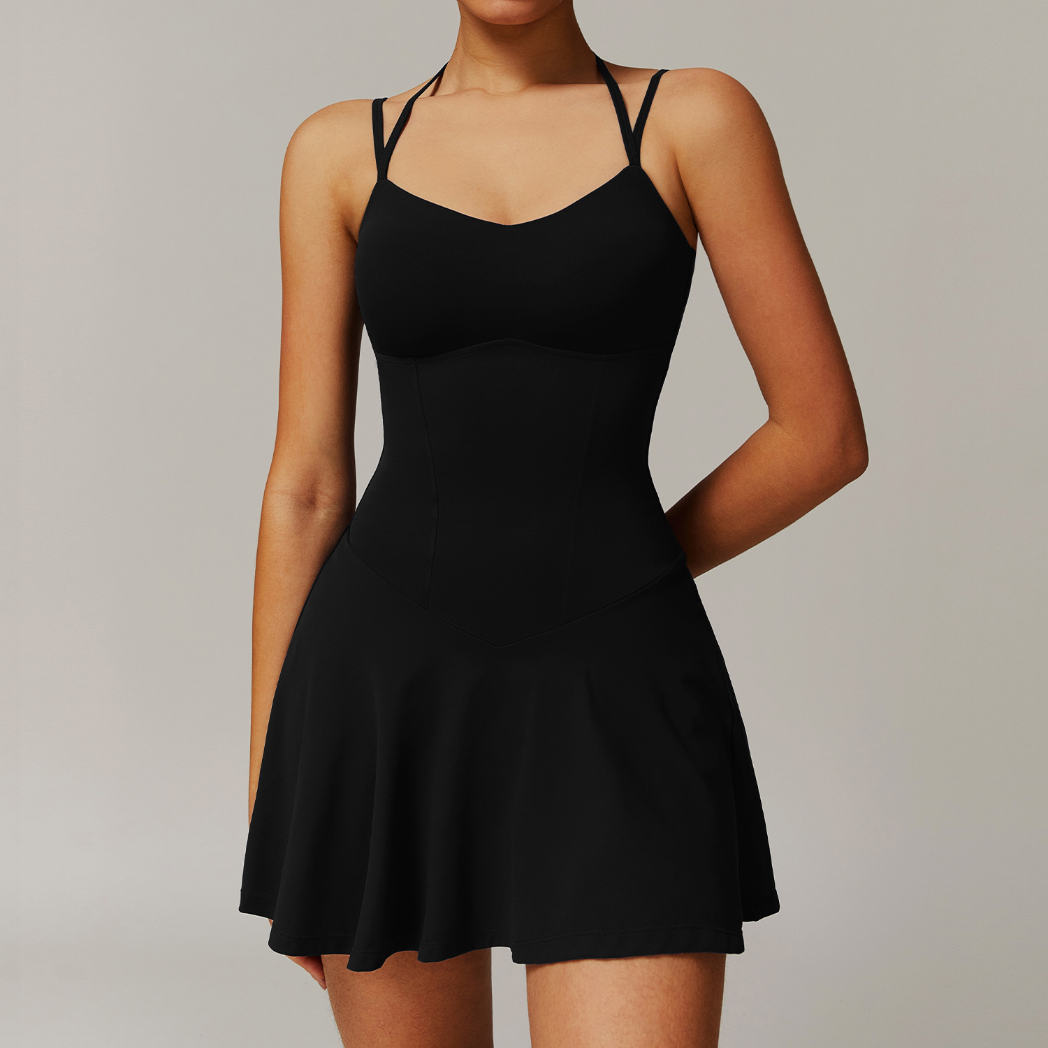 Soft Fabric Mock Two Pieces Tennis Dress With Side Pockets 9172