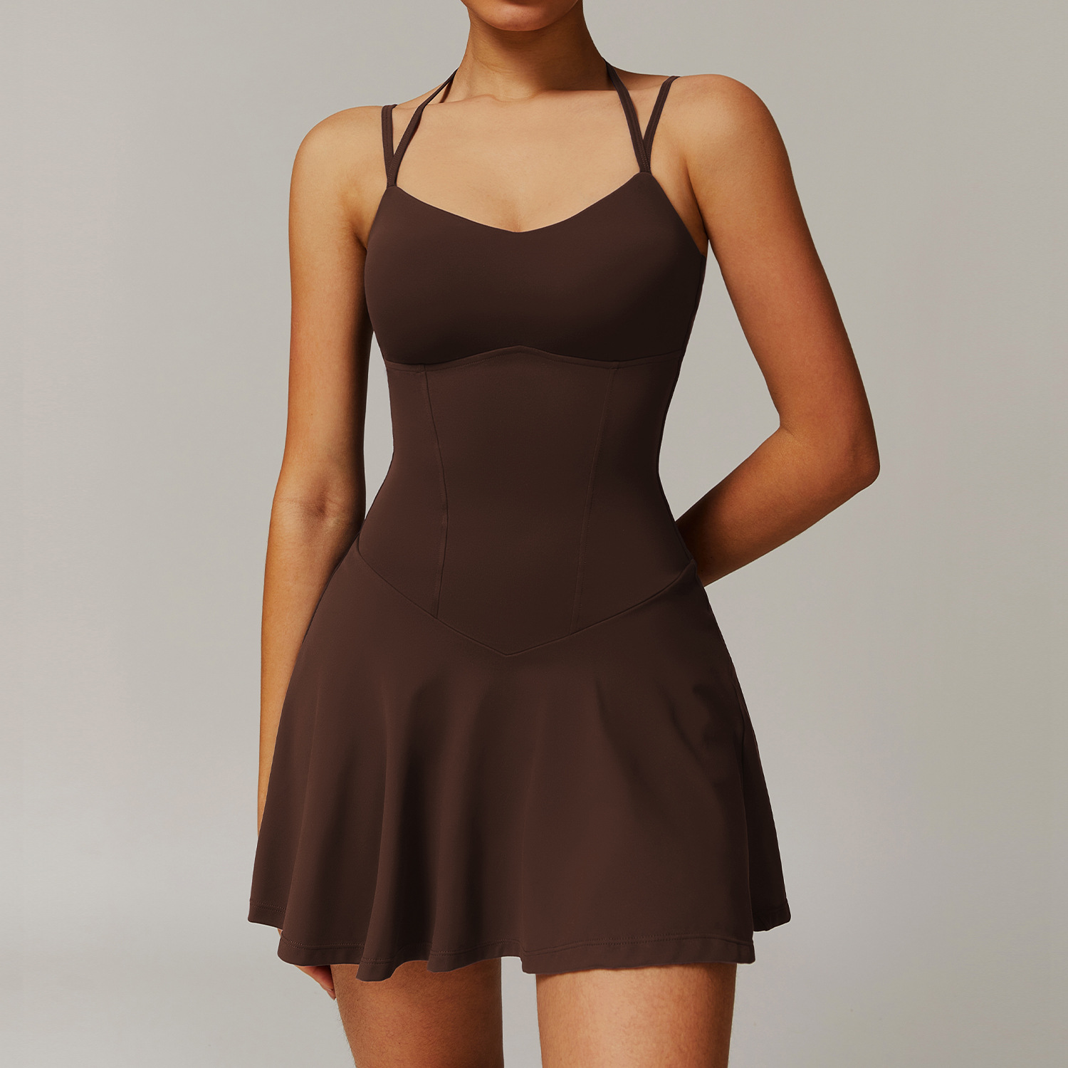 Soft Fabric Mock Two Pieces Tennis Dress With Side Pockets 9172