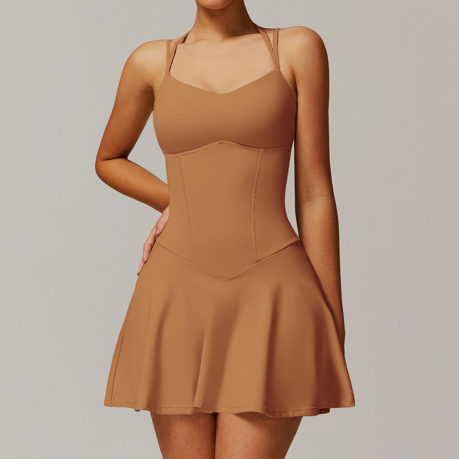 Soft Fabric Mock Two Pieces Tennis Dress With Side Pockets 9172