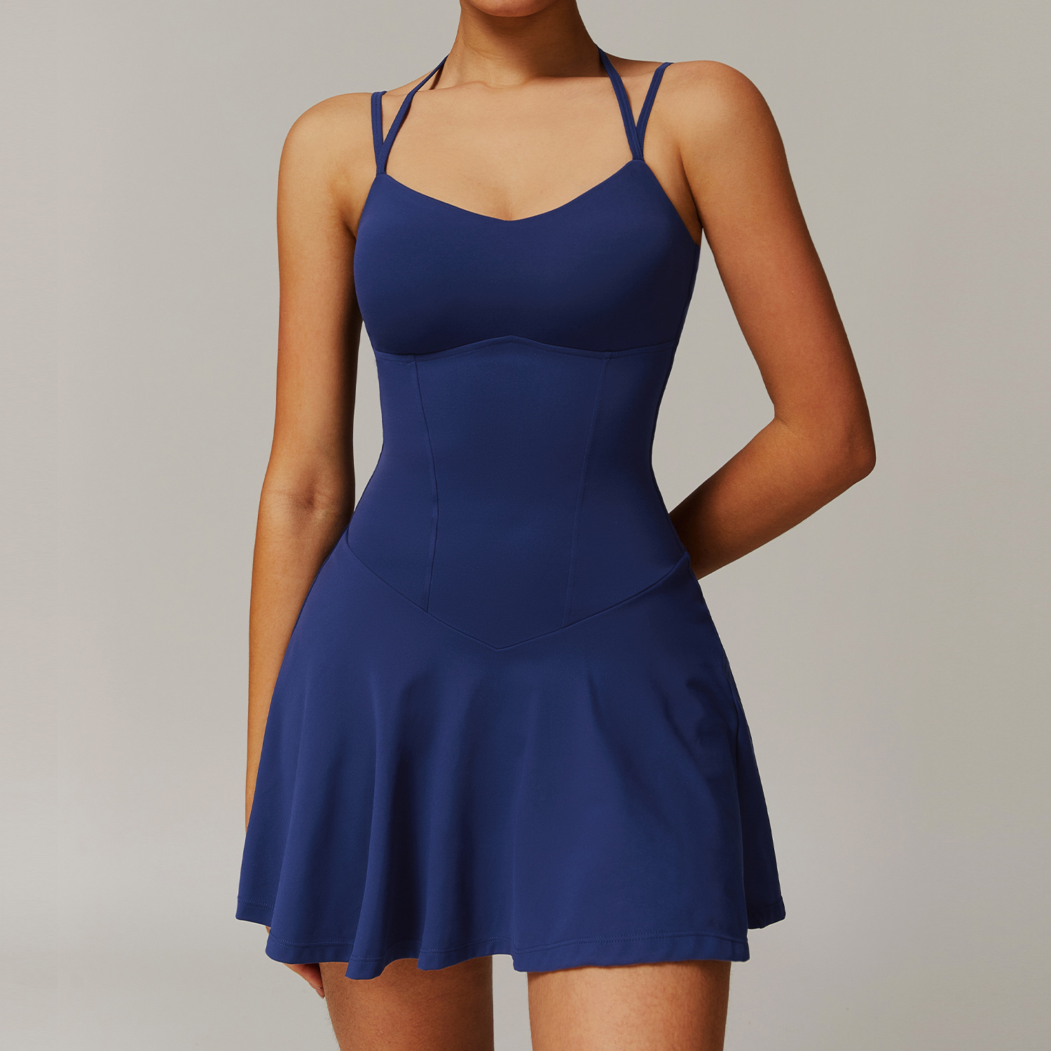 Soft Fabric Mock Two Pieces Tennis Dress With Side Pockets 9172